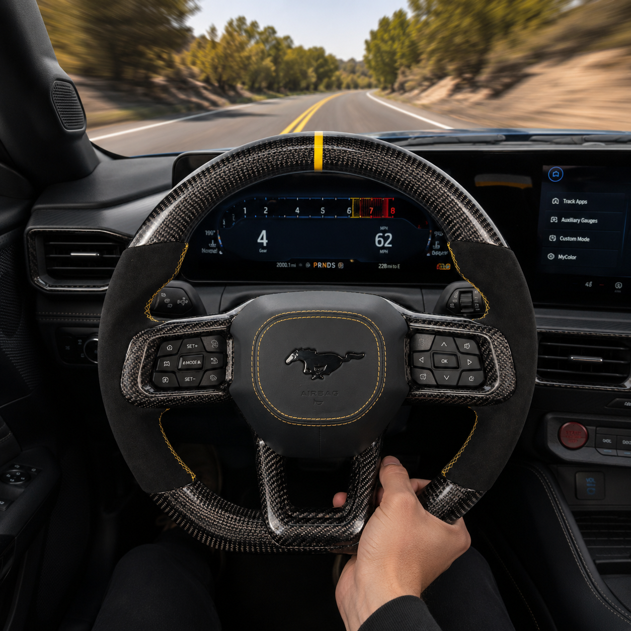 FOR Ford Mustang S650/GT 2024-2026 Carbon Fiber Steering Wheel, Black Carbon Fiber & Black Alcantara & Yellow Stripes - CJ Mod Garage & Driving Scene Images