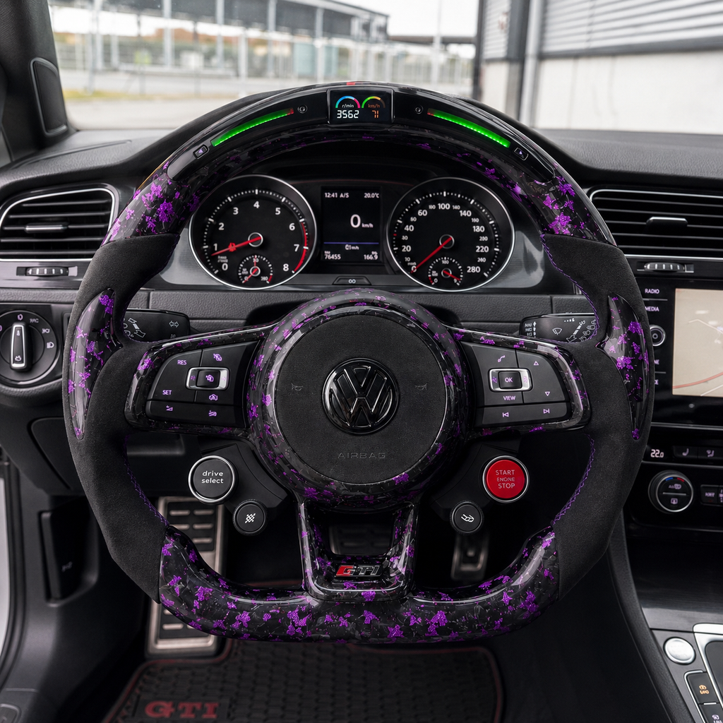 Purple forged carbon LED steering wheel in Volkswagen MK7 GTI cockpit for Golf 6 7 7.5 R R Line CC Polo Passat B8 CJ Mod Garage