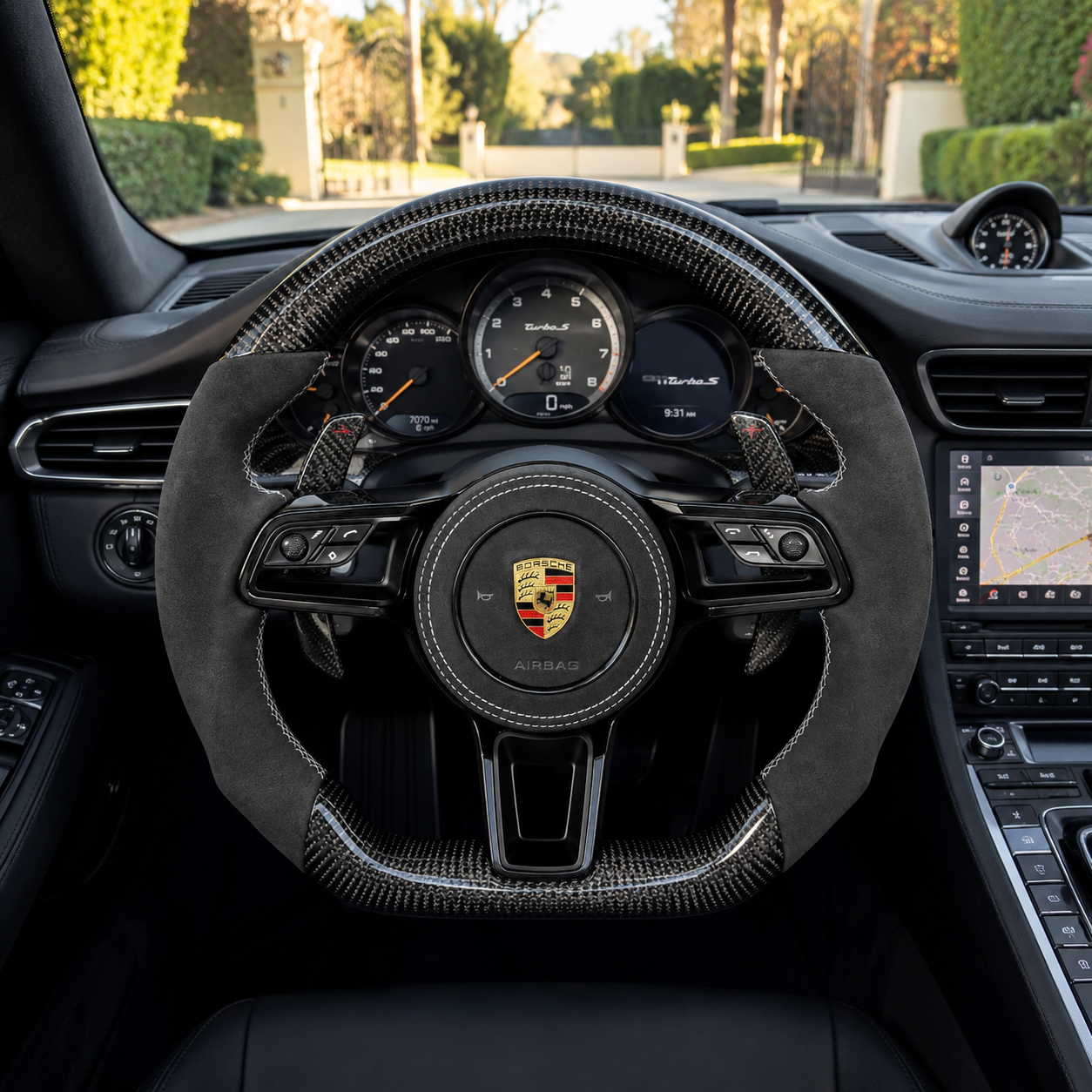 Porsche Sport Steering Wheel with Carbon Fiber Construction Premium Alcantara Side Grips and OEM Style Airbag Cover for Cayman 987 981 Boxster 987 981 CJ Mod Garage