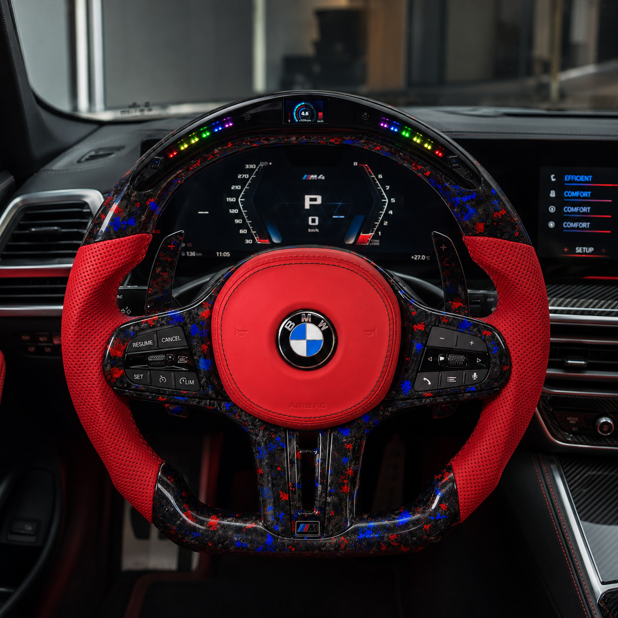 BMW forged carbon steering wheel with red leather grips, LED shift lights and blue-red flakes installed in G80 M4 interior for G20 G30 G82 F90 by CJ Mod Garage