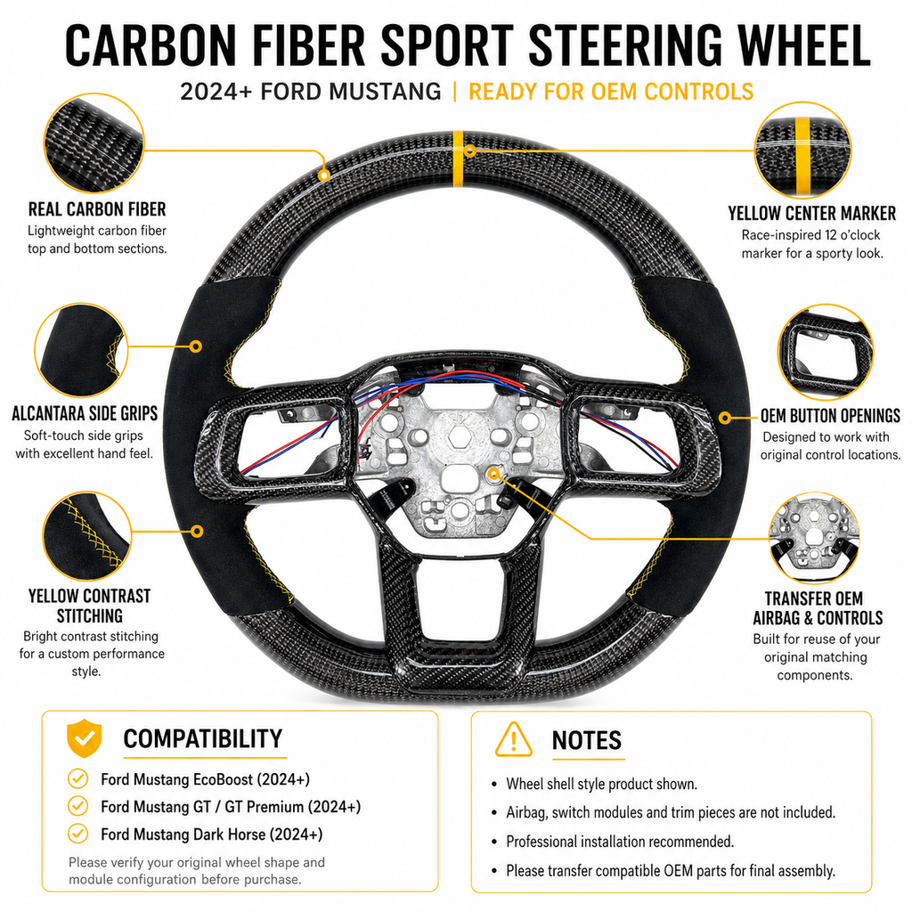 FOR Ford Mustang S650/GT 2024-2026 Carbon Fiber Steering Wheel, Black Carbon Fiber & Black Alcantara & Yellow Stripes - CJ Mod Garage & Product Details Image