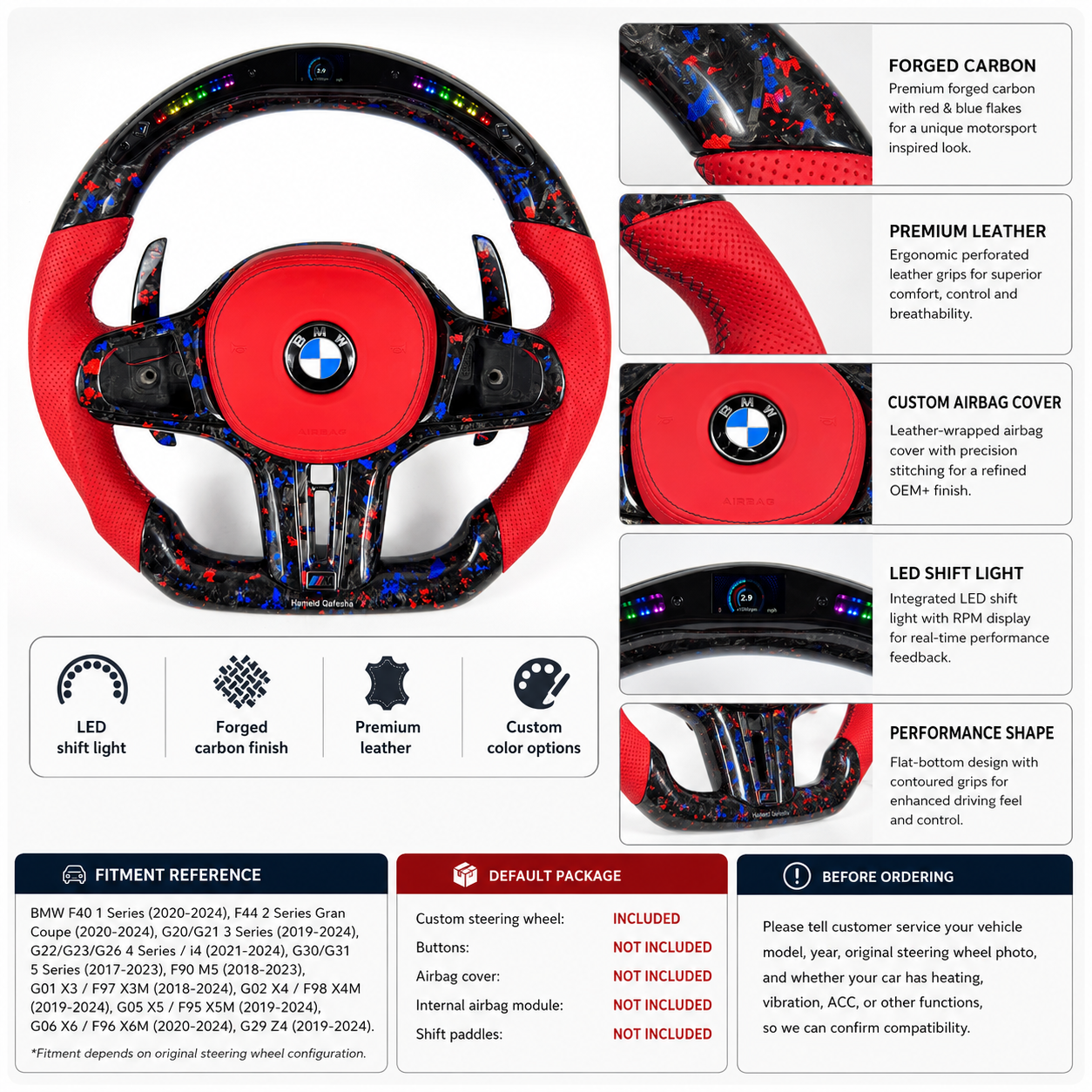 Custom BMW steering wheel with forged carbon finish, red perforated leather and digital RPM display for G02 G05 G06 G15 G29 G80 F40 models by CJ Mod Garage