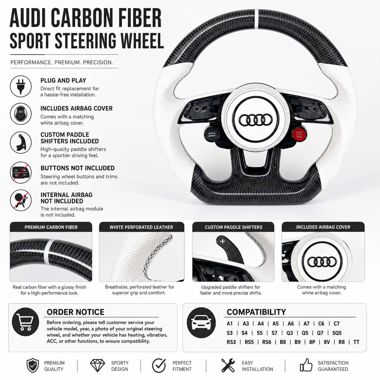 Carbon Fiber Audi Steering Wheel for A1 A3 A4 A5 A6 A7 C6 C7 S3 S4 S5 S7 Q3 Q5 Q7 SQ5 RS RS3 RS5 RS6 B8 B9 8P 8V R8 TT -CJ Mod Garage 78