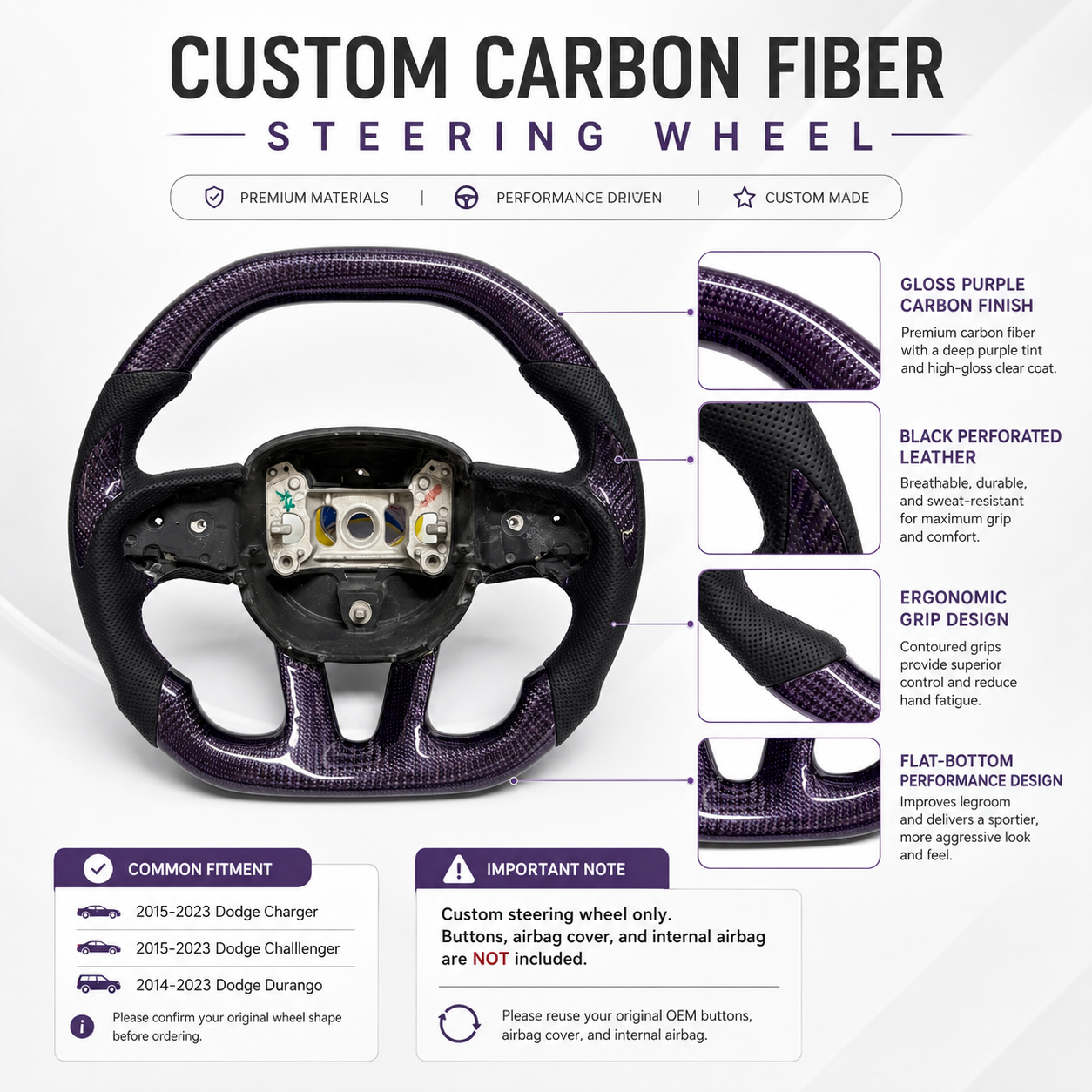 For Dodge Charger Challenger Hellcat Charger Durango SRT RT GT 2015-2023 Carbon Fiber Steering Wheel - CJ Mod Garage 73