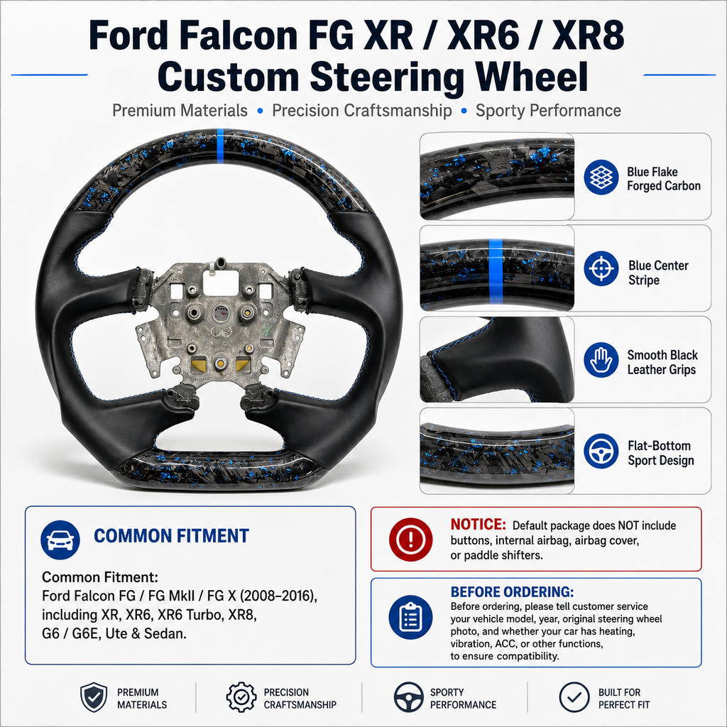Ford Falcon FG XR XR6 XR8 custom steering wheel infographic showing blue flake forged carbon blue center stripe smooth black leather and flat bottom by CJ Mod Garage