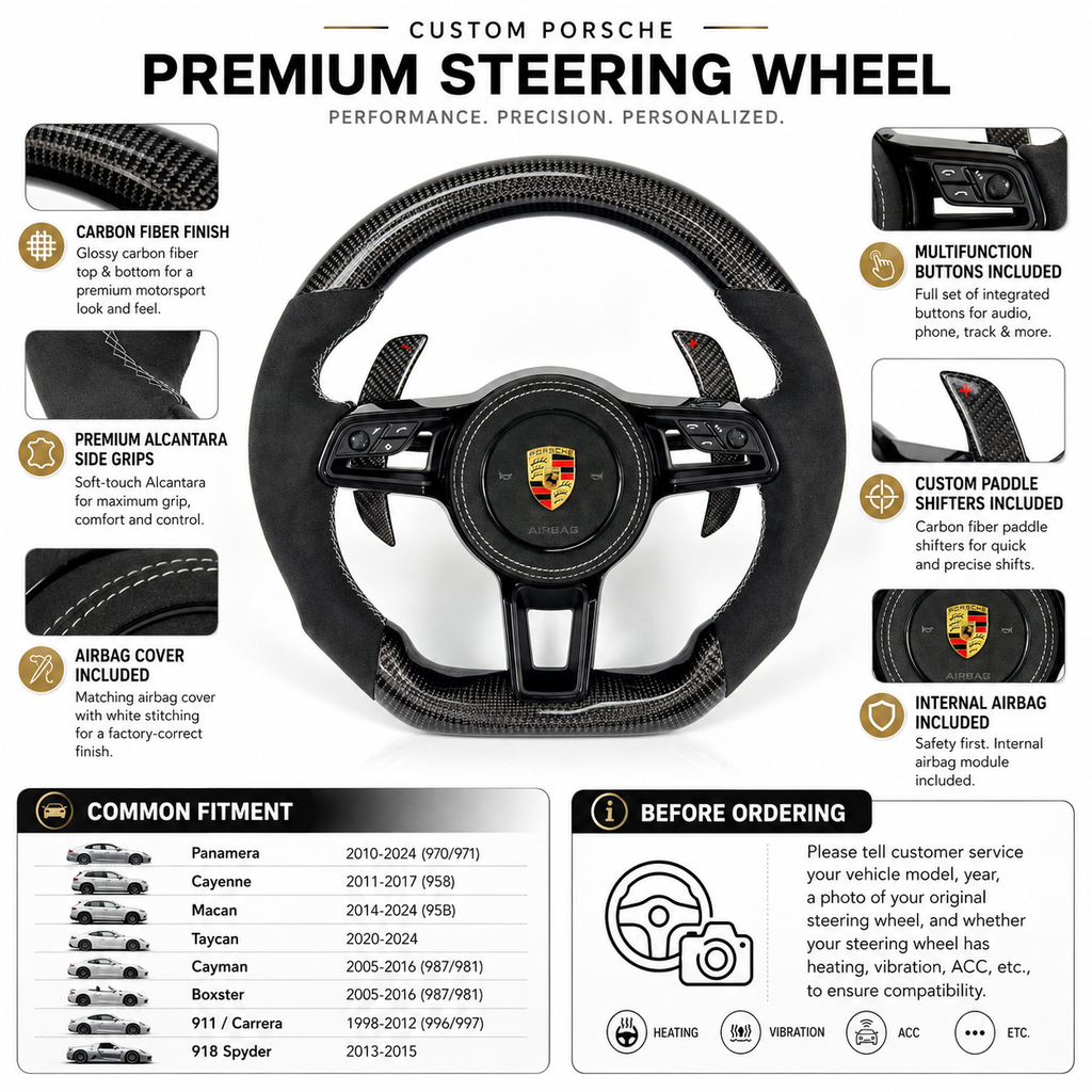 Porsche Carbon Fiber Alcantara Steering Wheel with White Stitching Internal Airbag Included and Carbon Paddle Shifters for Panamera 970 971 Macan 95B CJ Mod Garage