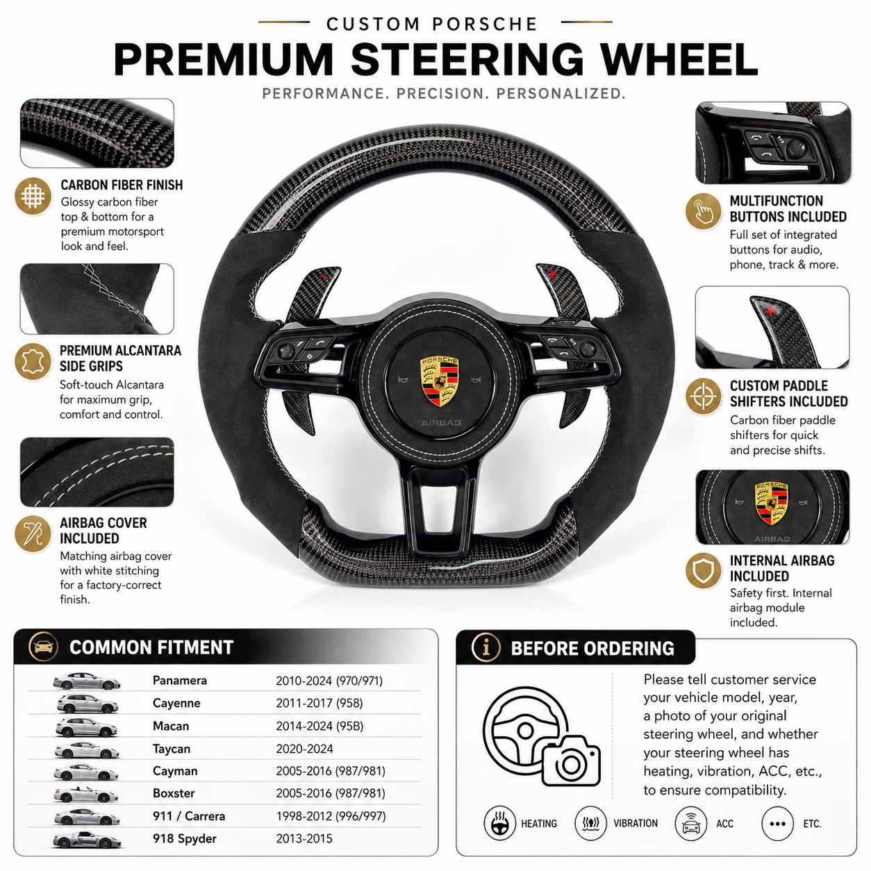 Porsche Carbon Fiber Alcantara Steering Wheel with White Stitching Internal Airbag Included and Carbon Paddle Shifters for Panamera 970 971 Macan 95B CJ Mod Garage
