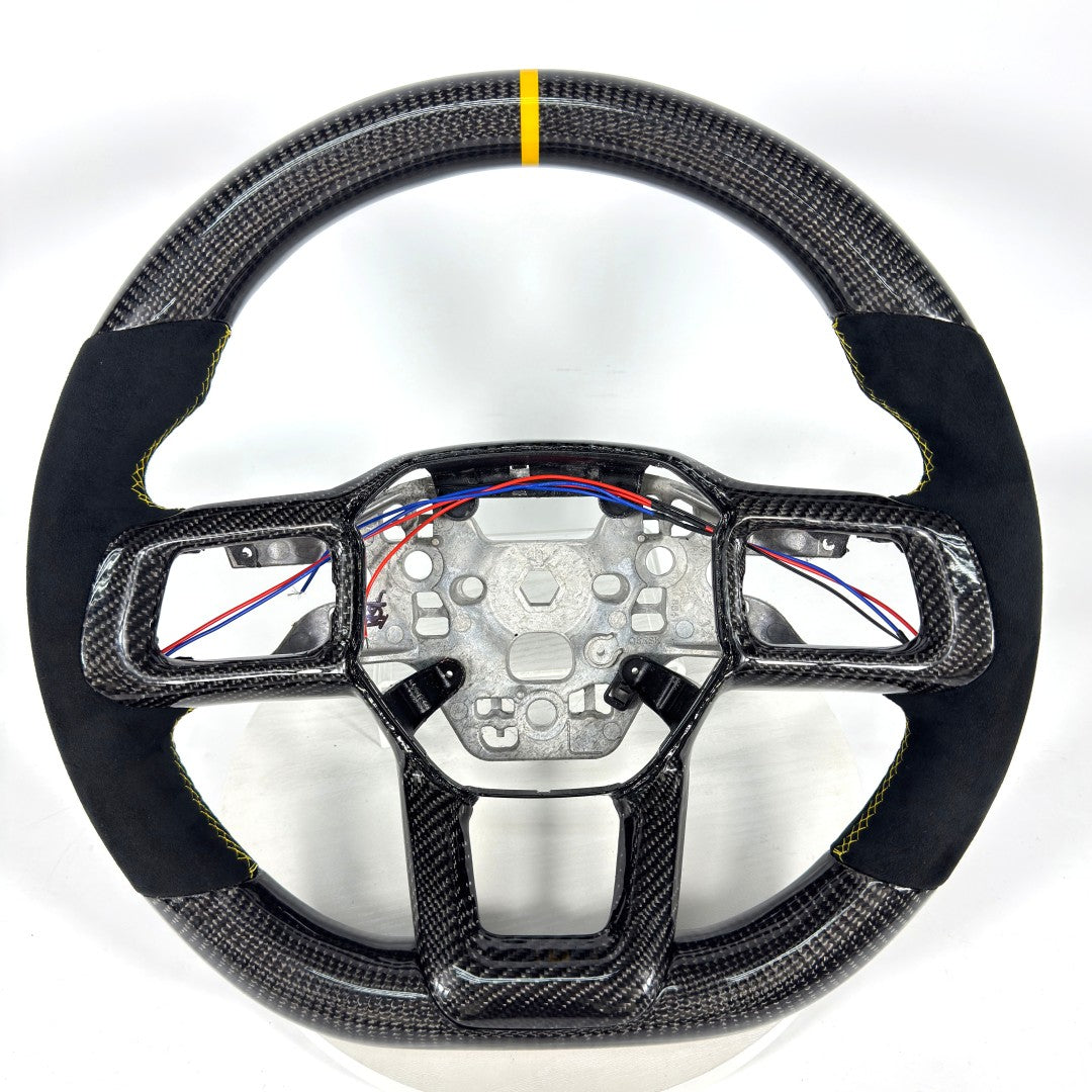 FOR Ford Mustang S650/GT 2024-2026 Carbon Fiber Steering Wheel, Black Carbon Fiber & Black Alcantara & Yellow Stripes - CJ Mod Garage