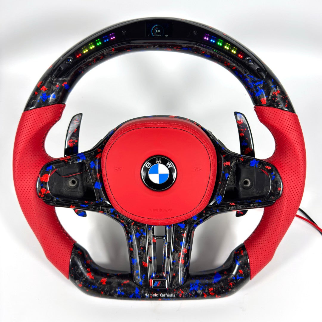 BMW flat-bottom carbon fiber steering wheel with red airbag cover, LED display and carbon paddle shifters for G22 G28 G38 G80 G82 F90 by CJ Mod Garage