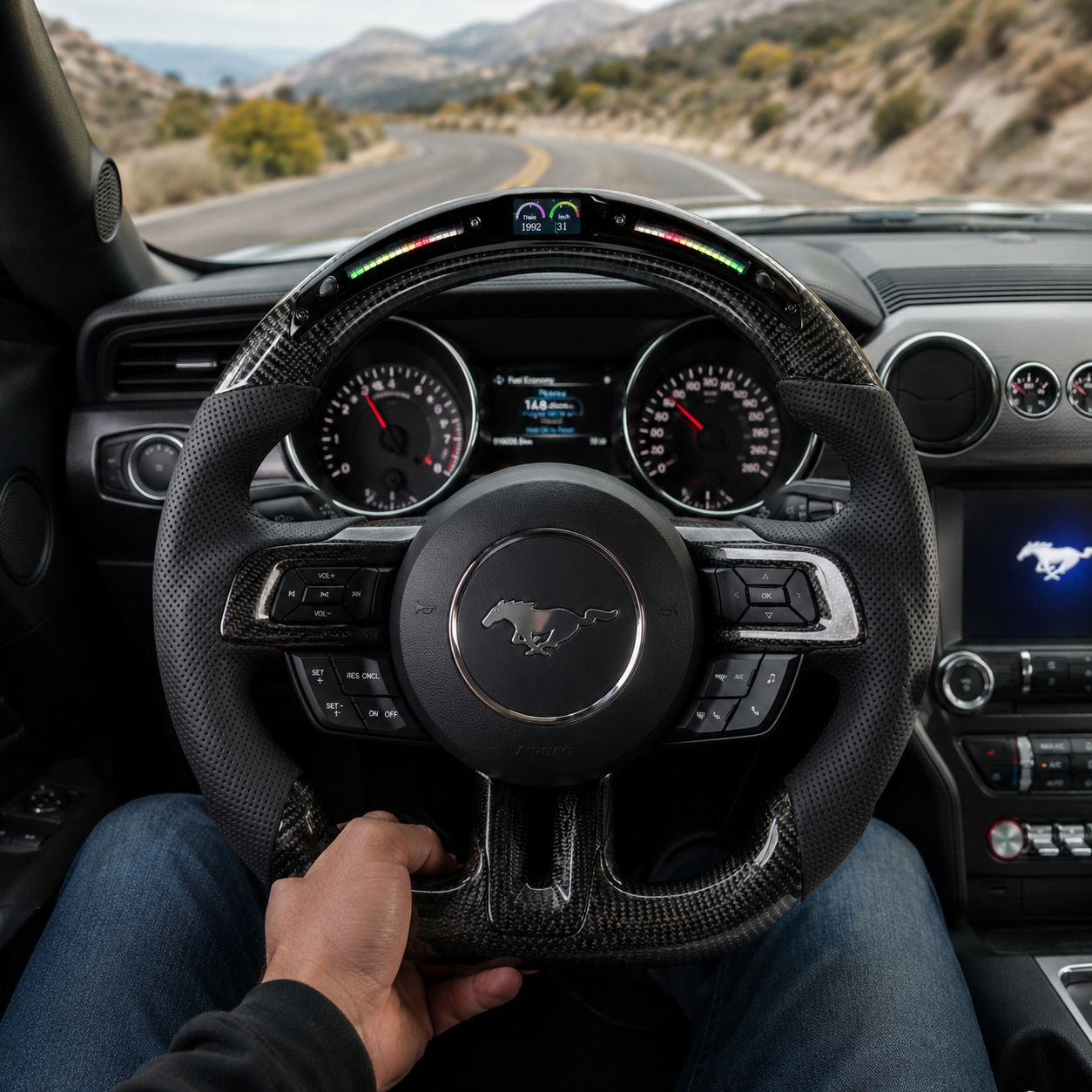 FOR Ford Mustang S550/GT 2015-2023 Carbon Fiber Steering Wheel, Black Carbon Fiber & Black Perforated Leather & LED - CJ Mod Garage & Driving Scene Images