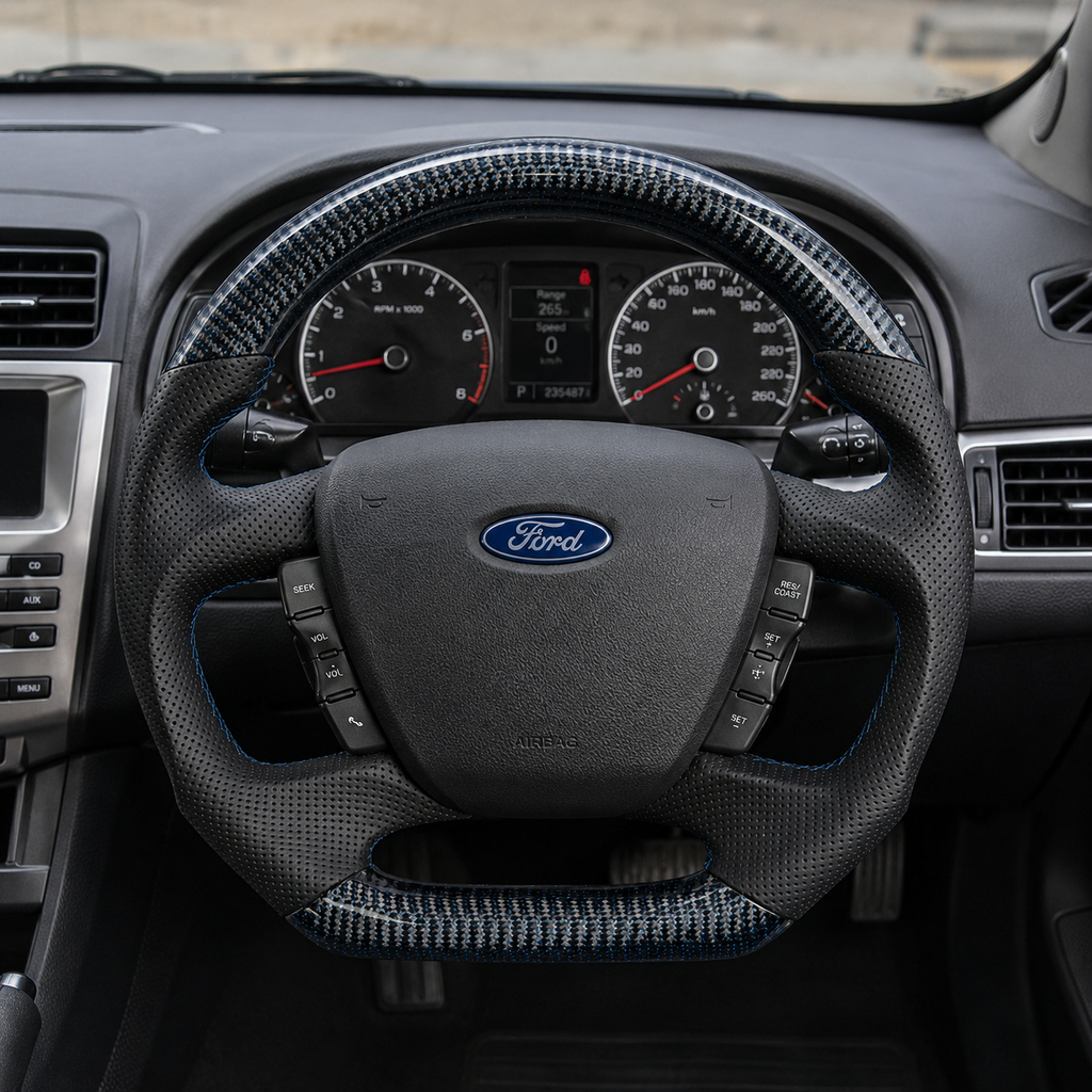 Ford Falcon FG XR XR6 XR8 custom steering wheel installed in car with blue carbon fiber black perforated leather and blue stitching by CJ Mod Garage