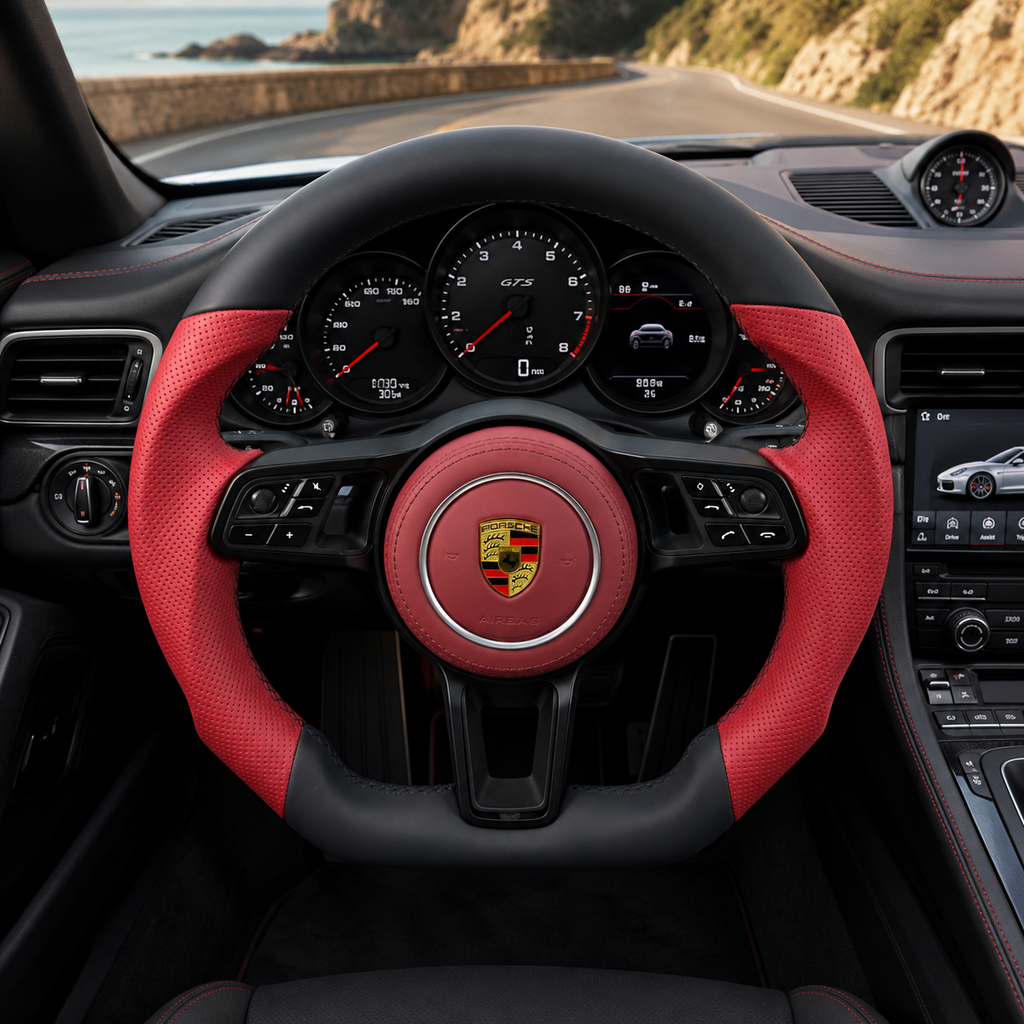 Custom Porsche Sport Steering Wheel Featuring Red Perforated Leather Grips Black Leather Sections and OEM Style Controls for Taycan 2020 2024 Cayman 987 981 CJ Mod Garage