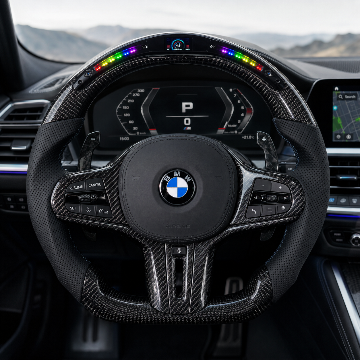 BMW LED carbon fiber steering wheel with perforated leather grips and RGB shift lights installed in BMW G20 G30 G80 cockpit for G02 G05 G06 G82 F90 by CJ Mod Garage