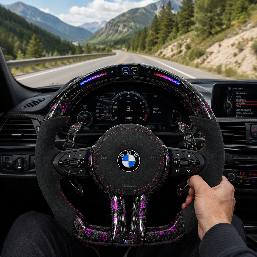 BMW F Series and E Series custom forged carbon fiber steering wheel with purple accents, LED shift lights, and Alcantara grips installed in BMW M performance interior