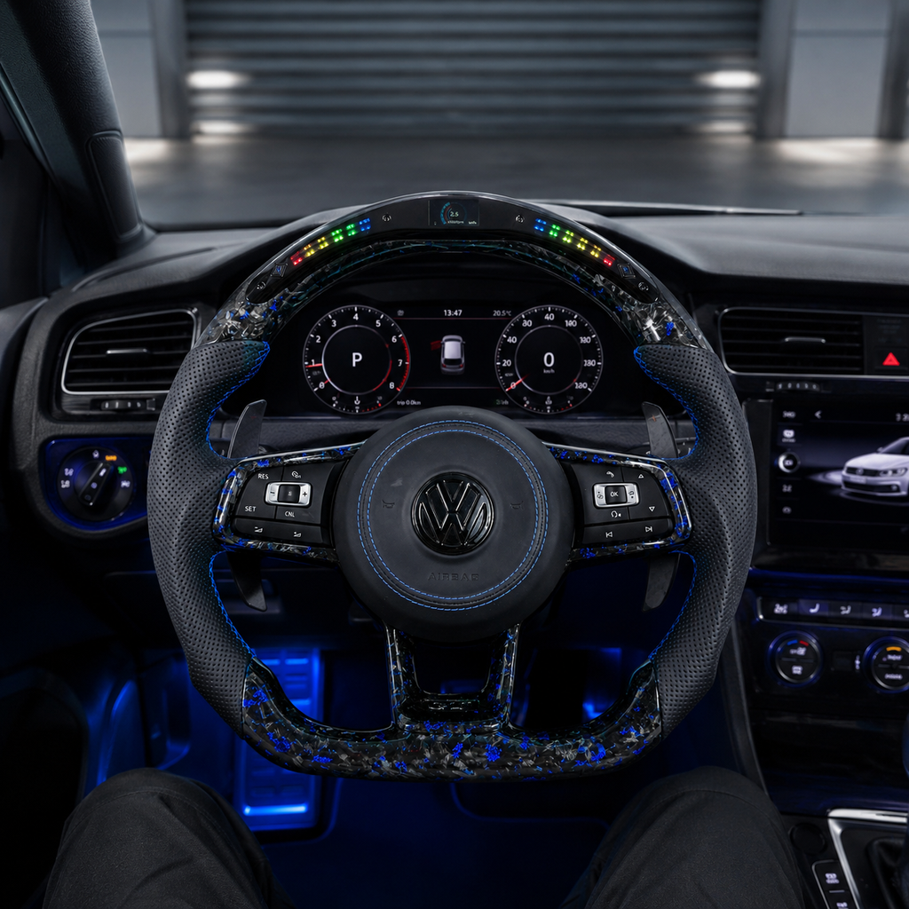 Blue flake LED steering wheel installed in Volkswagen cockpit for MK7 GTI Golf 6 7 7 5 R R Line CC Polo Passat B8 by CJ Mod Garage