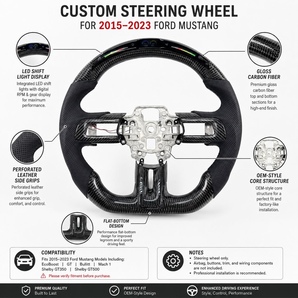 FOR Ford Mustang S550/GT 2015-2023 Carbon Fiber Steering Wheel, Black Carbon Fiber & Black Perforated Leather & LED - CJ Mod Garage & Product Details Image