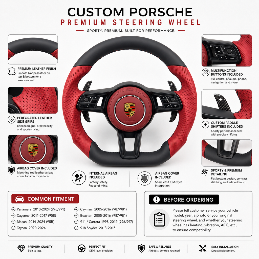 Porsche Premium Leather Steering Wheel with Internal Airbag Airbag Cover and Paddle Shifters for Boxster 987 981 911 Carrera 996 997 918 Spyder CJ Mod Garage