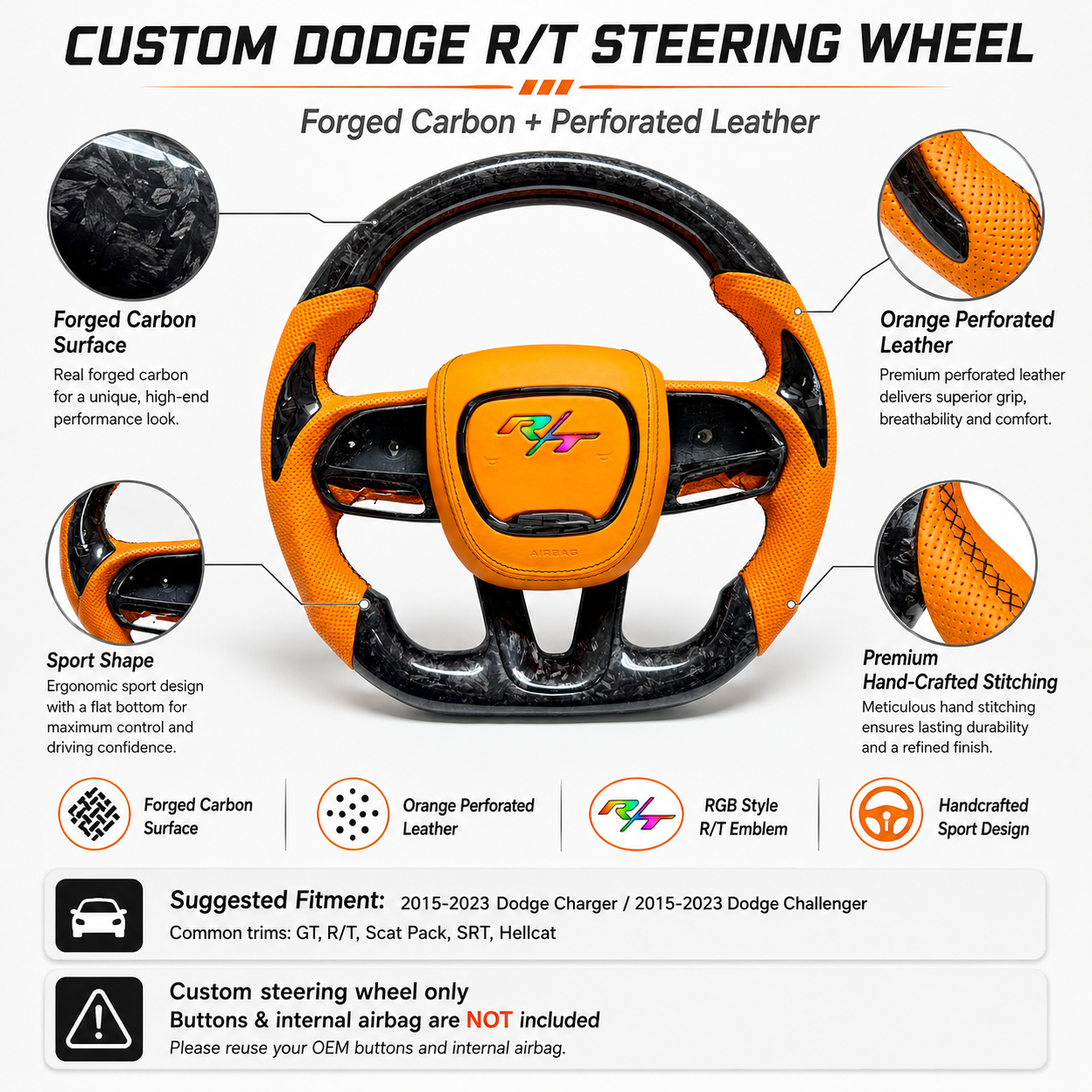For Dodge Charger Challenger Hellcat Charger Durango SRT RT GT 2015-2023 Carbon Fiber Steering Wheel - CJ Mod Garage 79