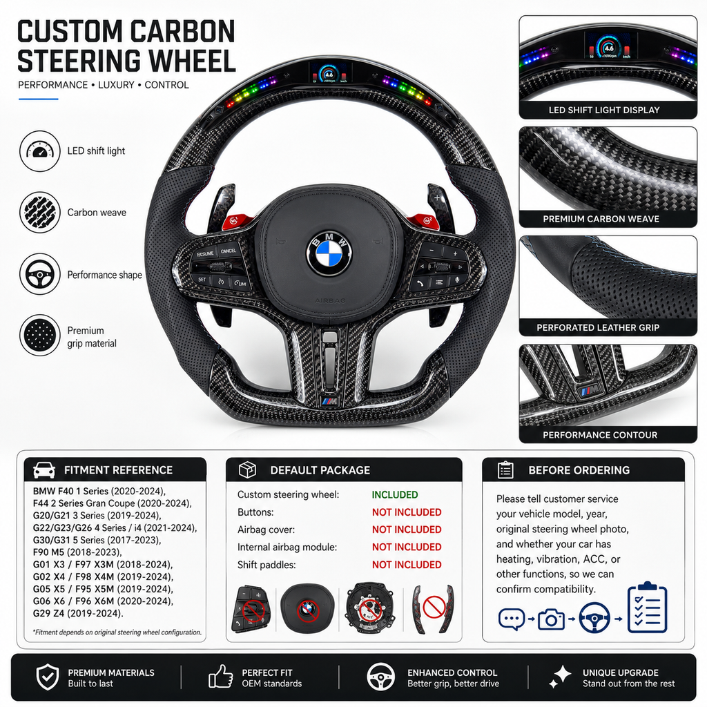 Custom BMW carbon steering wheel featuring digital RPM display, forged carbon weave and sport contour grips for G11 G12 G15 G22 G29 G38 F40 by CJ Mod Garage