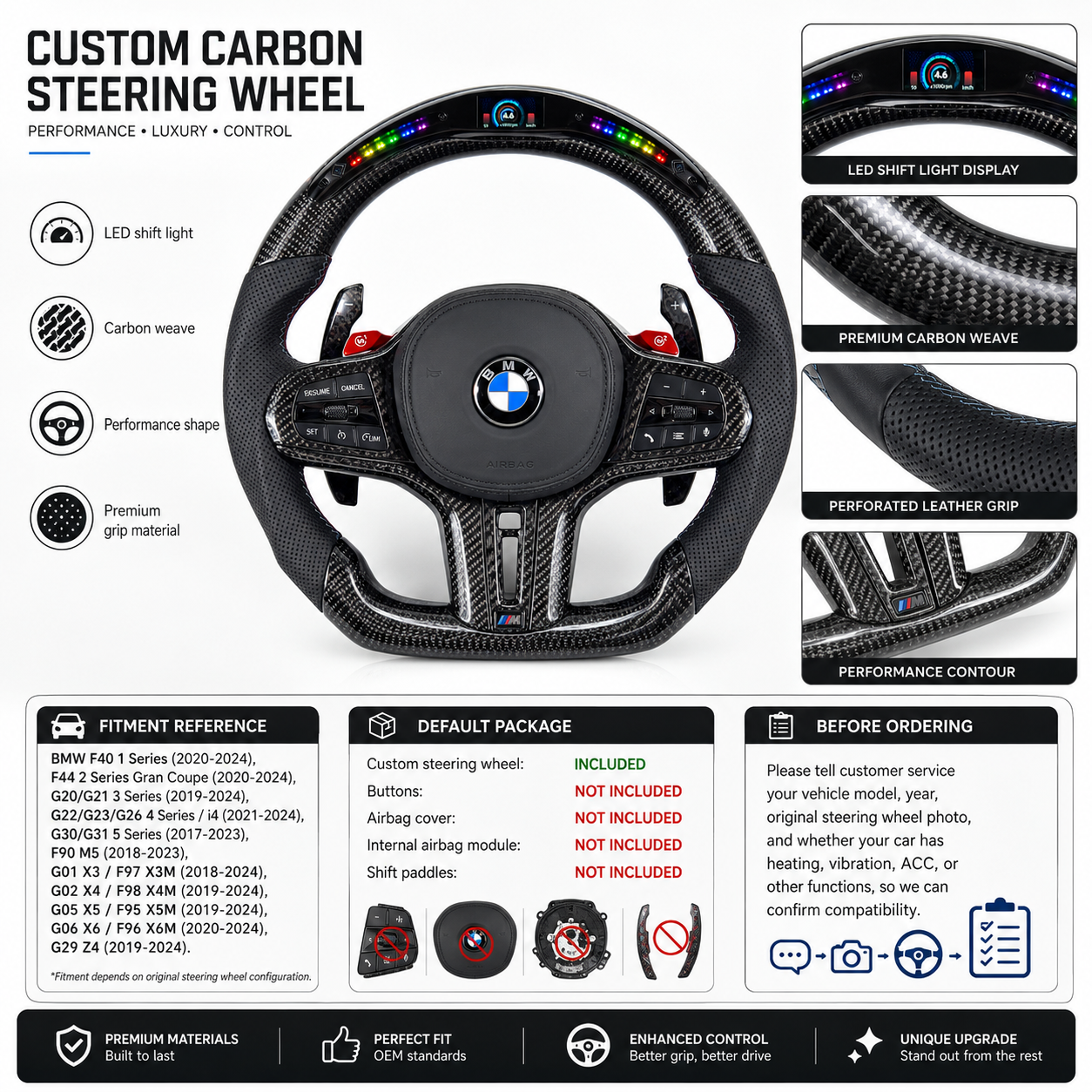 Custom BMW carbon steering wheel featuring digital RPM display, forged carbon weave and sport contour grips for G11 G12 G15 G22 G29 G38 F40 by CJ Mod Garage
