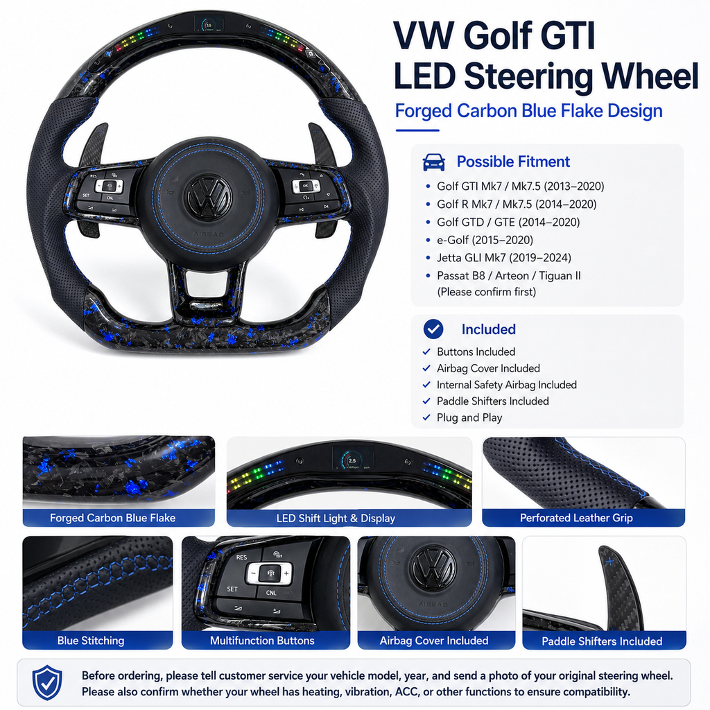 VW Golf GTI LED steering wheel detail chart with blue forged carbon for MK7 GTI Golf 6 7 7 5 R R Line CC Polo Passat B8 CJ Mod Garage