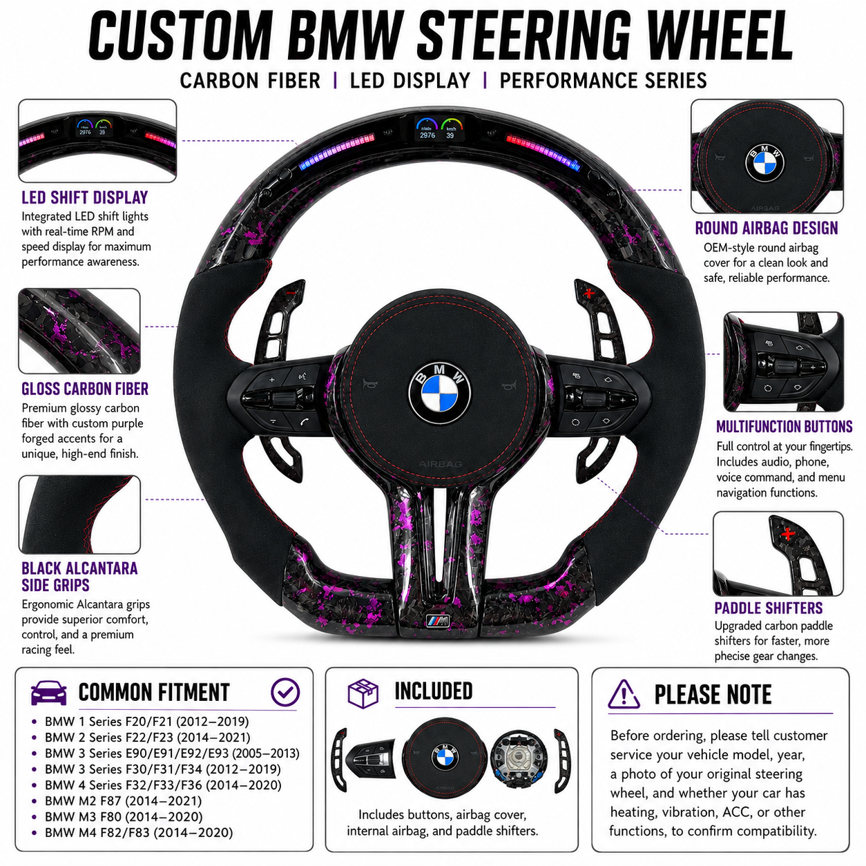 Custom BMW F Series E Series forged carbon fiber steering wheel with LED display, black Alcantara side grips, carbon paddle shifters, and purple forged carbon accents