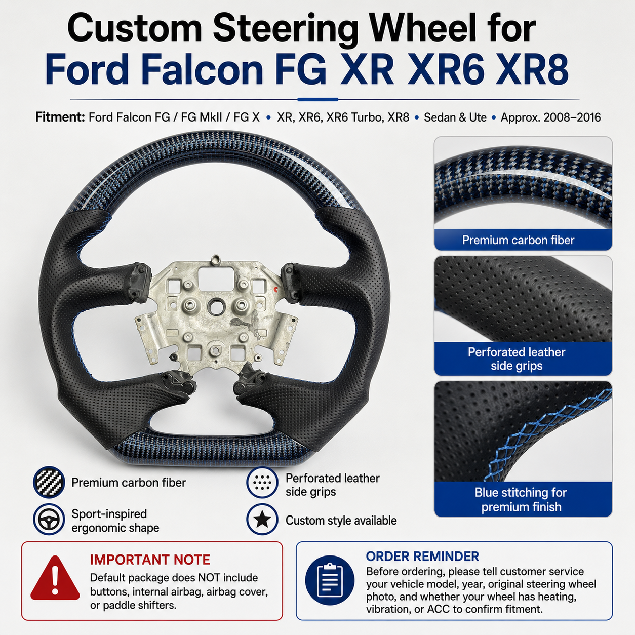 Ford Falcon FG XR XR6 XR8 custom steering wheel infographic showing blue carbon fiber black perforated leather blue stitching and sport design by CJ Mod Garage