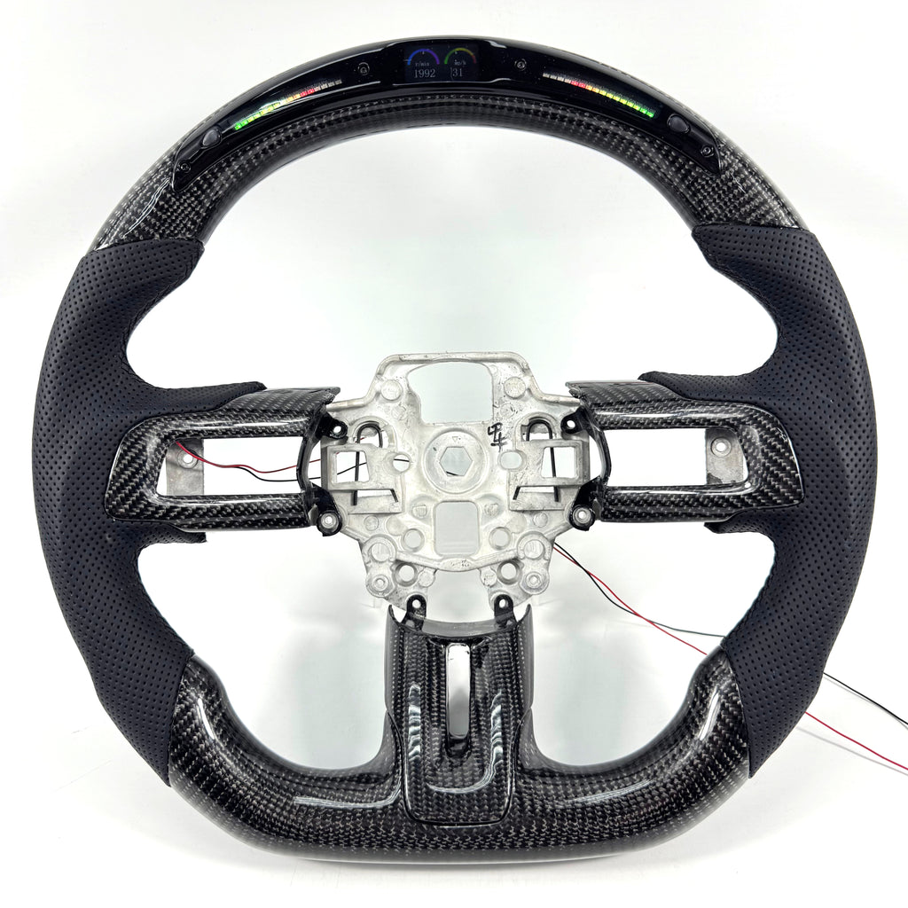 FOR Ford Mustang S550/GT 2015-2023 Carbon Fiber Steering Wheel, Black Carbon Fiber & Black Perforated Leather & LED - CJ Mod Garage &