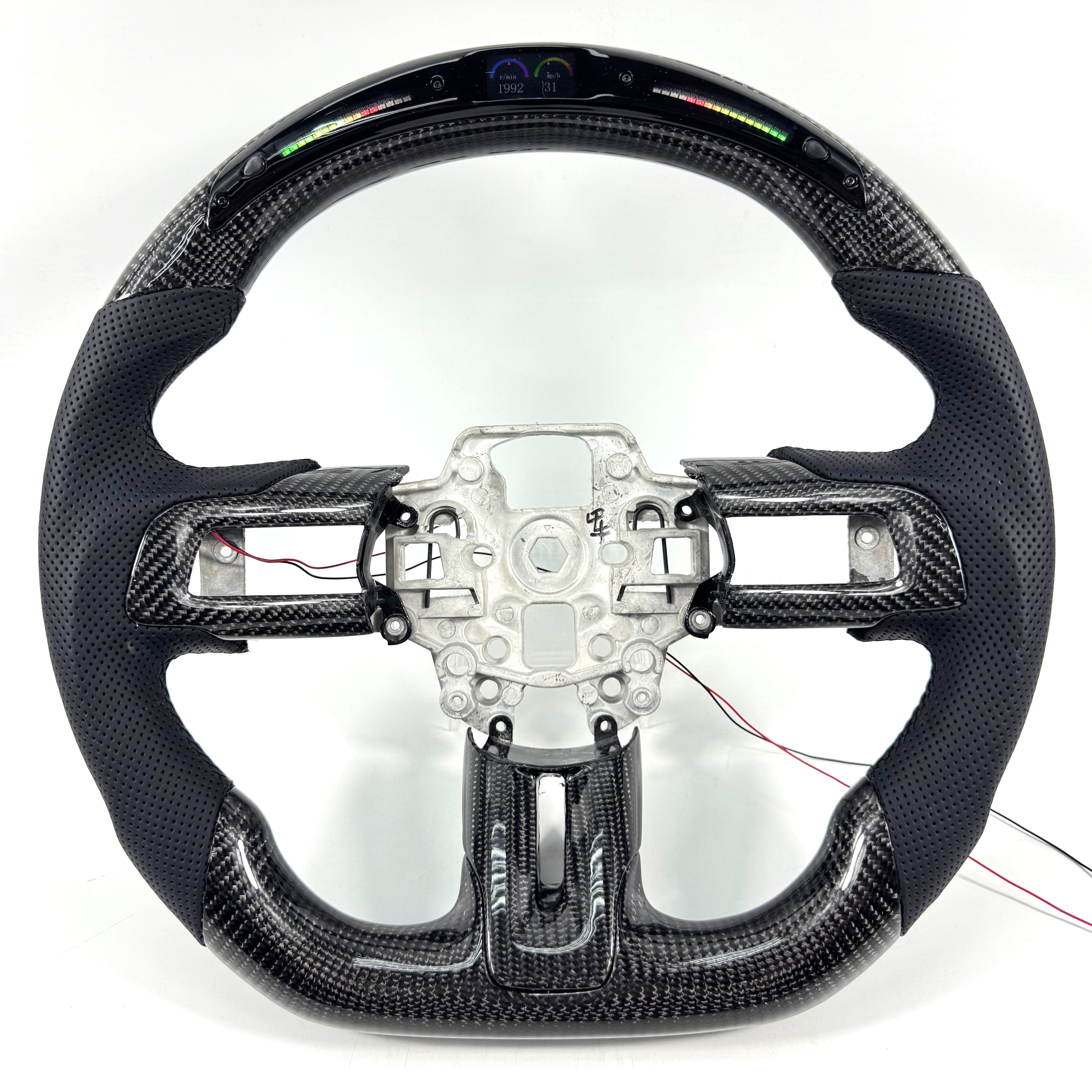 FOR Ford Mustang S550/GT 2015-2023 Carbon Fiber Steering Wheel, Black Carbon Fiber & Black Perforated Leather & LED - CJ Mod Garage &
