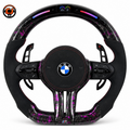 BMW F Series E Series custom purple forged carbon fiber steering wheel with integrated LED shift indicator, multifunction buttons, and Alcantara grip