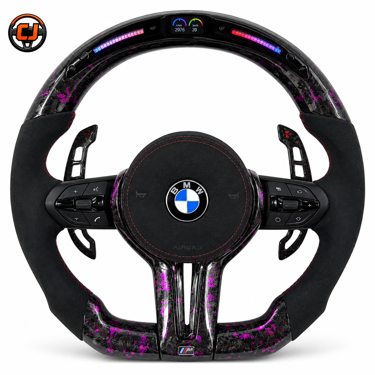 BMW F Series E Series custom purple forged carbon fiber steering wheel with integrated LED shift indicator, multifunction buttons, and Alcantara grip