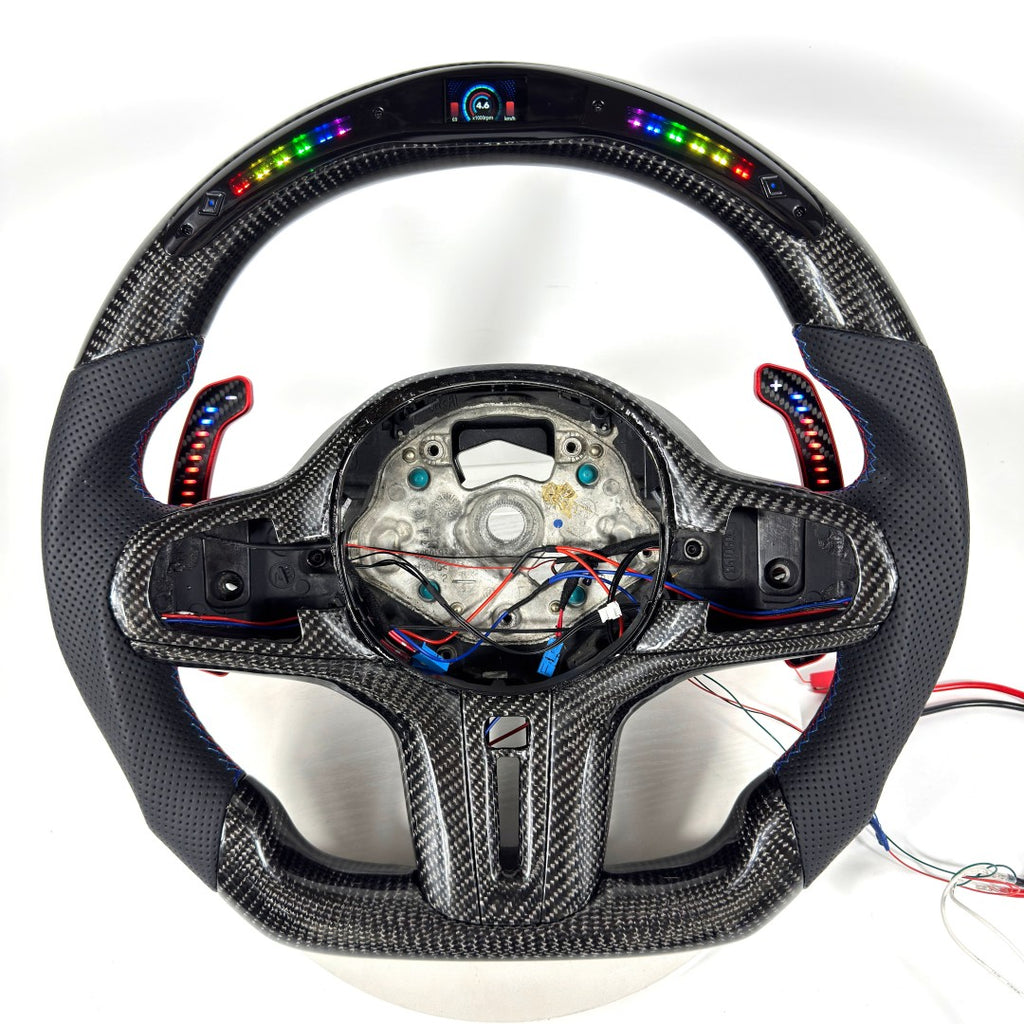 BMW flat-bottom carbon fiber steering wheel with illuminated paddle shifters and LED display for G09 G20 G30 G80 G82 F90 G05 G06 by CJ Mod Garage