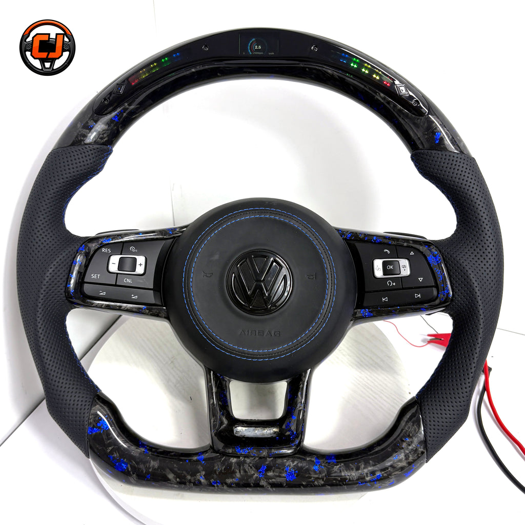White background VW Golf GTI steering wheel with blue forged carbon and blue stitching for MK7 GTI Golf 6 7 7 5 R R Line CC Polo Passat B8 CJ Mod Garage