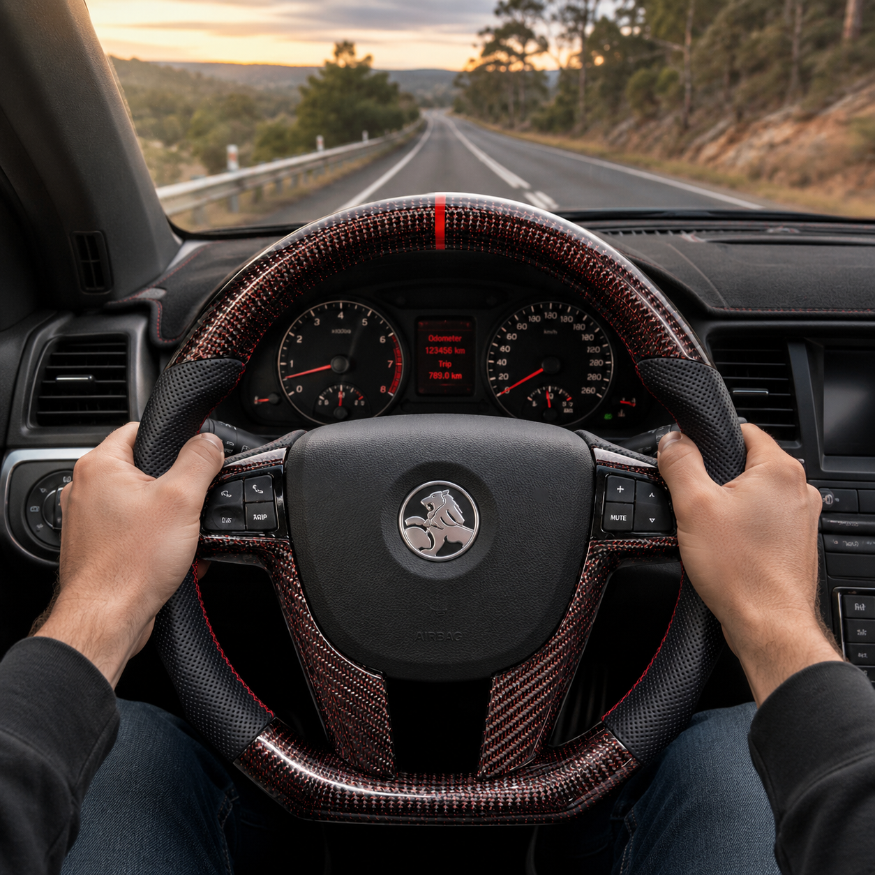 FOR Holden VE/Pontiac G8 Steering Wheel - Red Carbon Fiber & Black Perforated Leather - CJ Mod Garage & Driving Scene Images