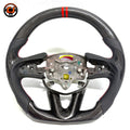 Cadillac CT4 CT5 carbon fiber steering wheel front view with red stitching thumb grips and contoured lower section by CJ Mod Garage