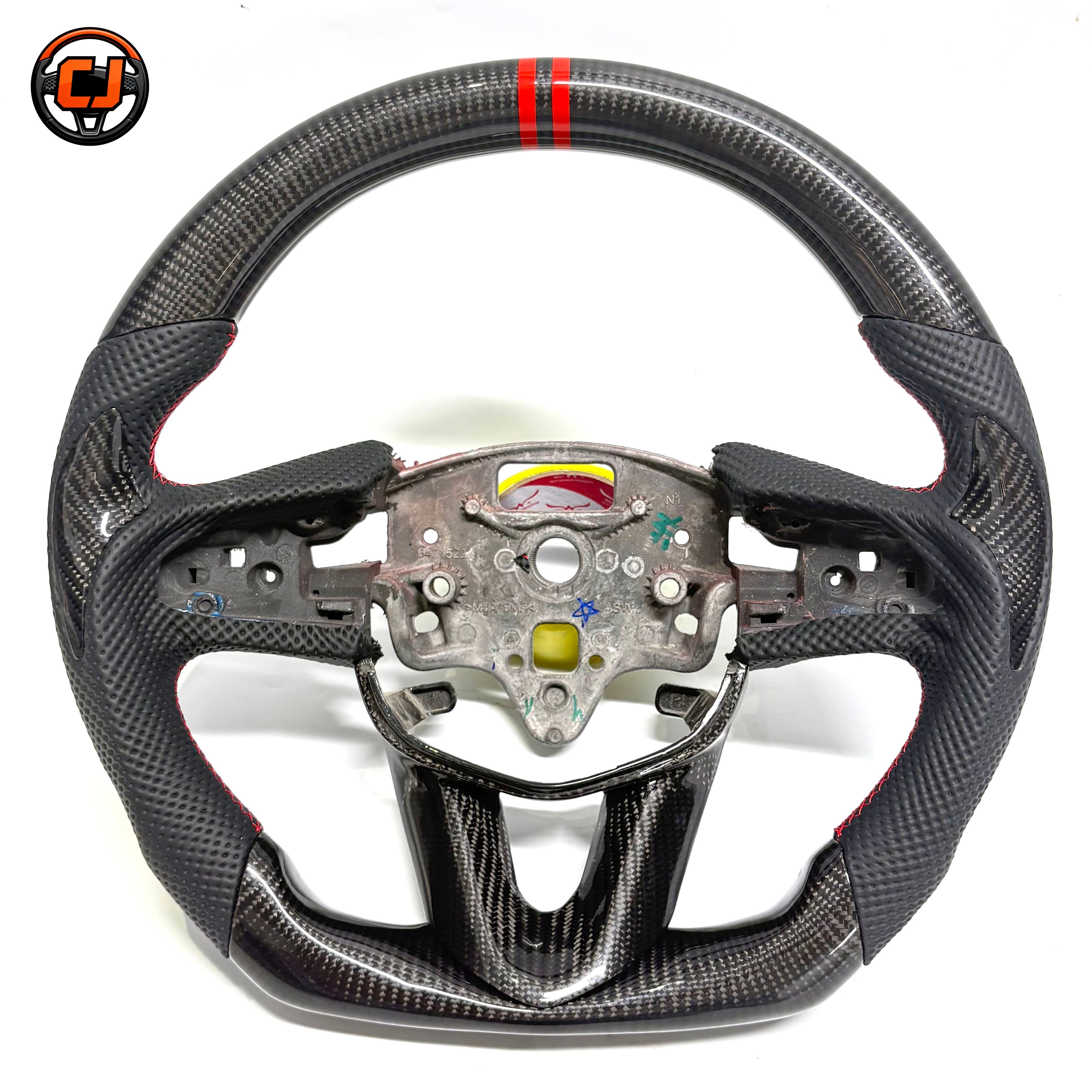 Cadillac CT4 CT5 carbon fiber steering wheel front view with red stitching thumb grips and contoured lower section by CJ Mod Garage