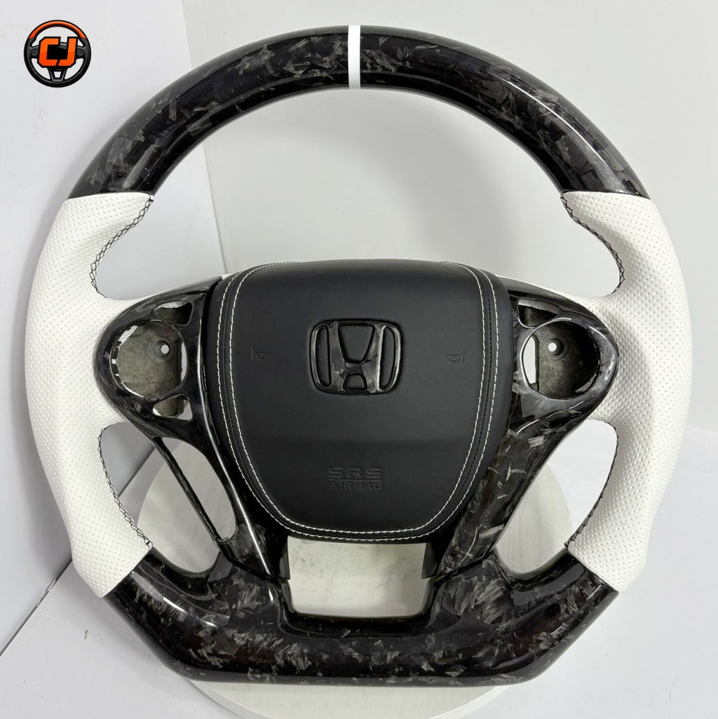 Honda Civic Accord forged carbon fiber flat bottom steering wheel with white leather grips and airbag cover included by CJ Mod Garage