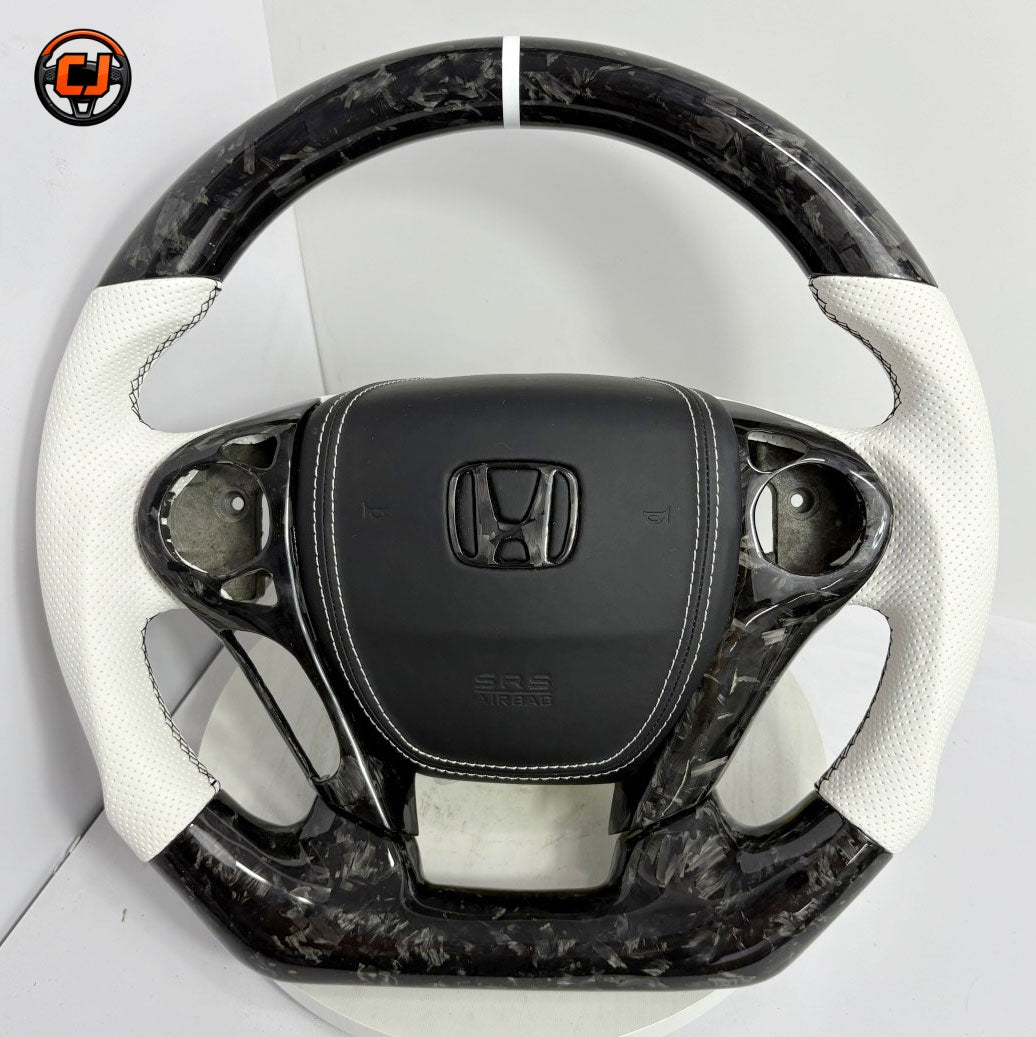 Honda Civic Accord forged carbon fiber flat bottom steering wheel with white leather grips and airbag cover included by CJ Mod Garage