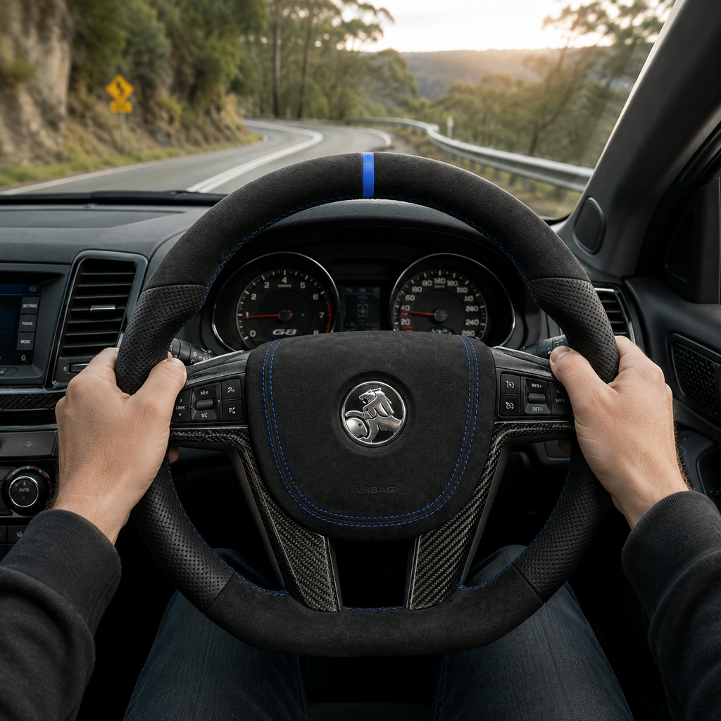 FOR Holden Commodore VE/Pontiac G8 Steering Wheel - Black Alcantara & Blue Stripe at 12 o'clock & Alcantara Airbag Cover - CJ Mod Garage & Driving Scene Images