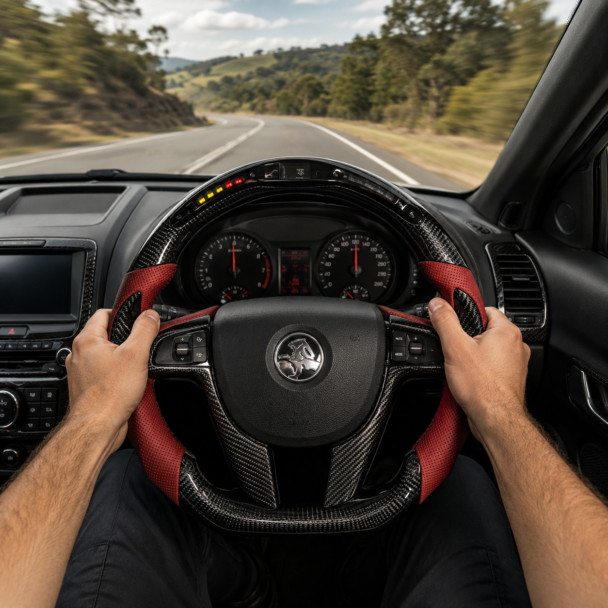 FOR Holden VE/Pontiac G8 Steering Wheel - Black Carbon Fiber & Bordeaux Red Perforated Leather & LED - CJ Mod Garage &Driving Scene Images