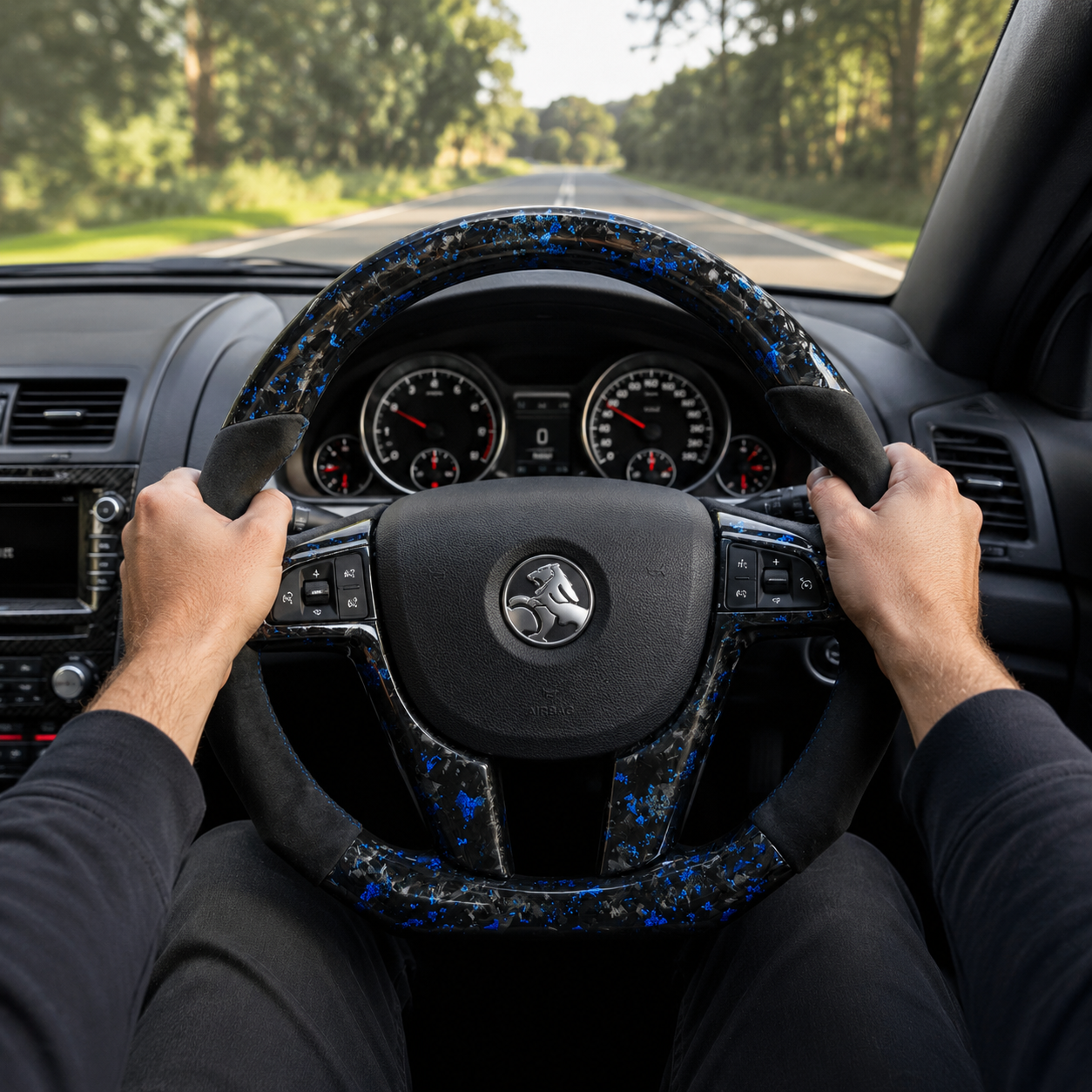 FOR Holden VE/Pontiac G8 Steering Wheel - Blue Forged Carbon Fiber & Black Alcantara - CJ Mod Garage &Driving Scene Images