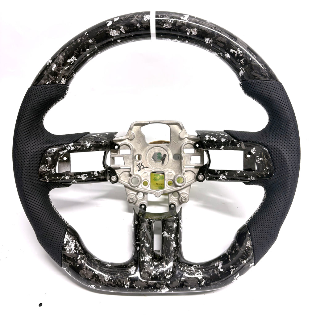FOR Ford Mustang S550/GT 2015-2023 Carbon Fiber Steering Wheel - Silver Forged Carbon Fiber & Black Perforated Leather - CJ Mod Garage &