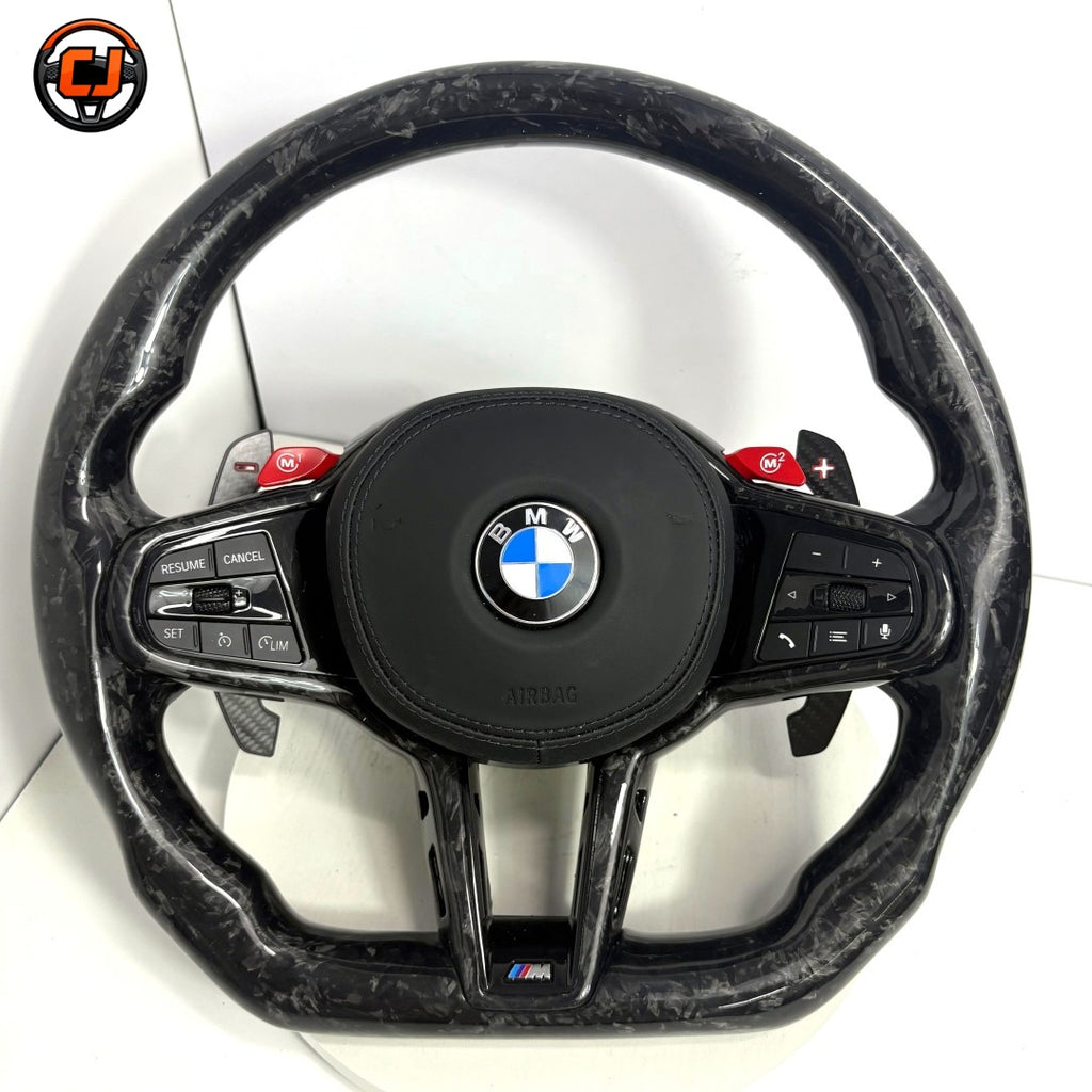 BMW G Series and F Series forged carbon smooth leather steering wheel front product view by CJ Mod Garage