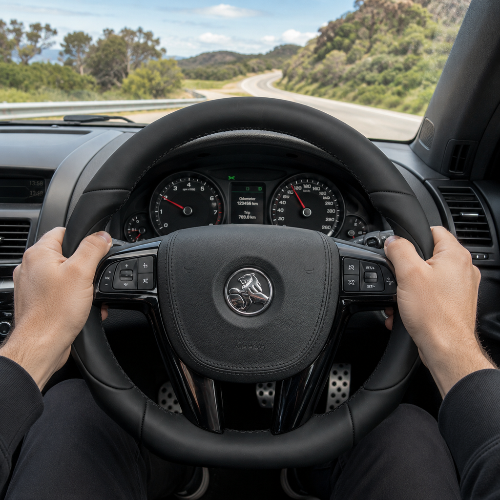 FOR Holden Commodore VE/Pontiac G8 Steering Wheel - Black Smooth Leather & Black Smooth Leather Airbag Cover - CJ Mod Garage & Driving Scene Images