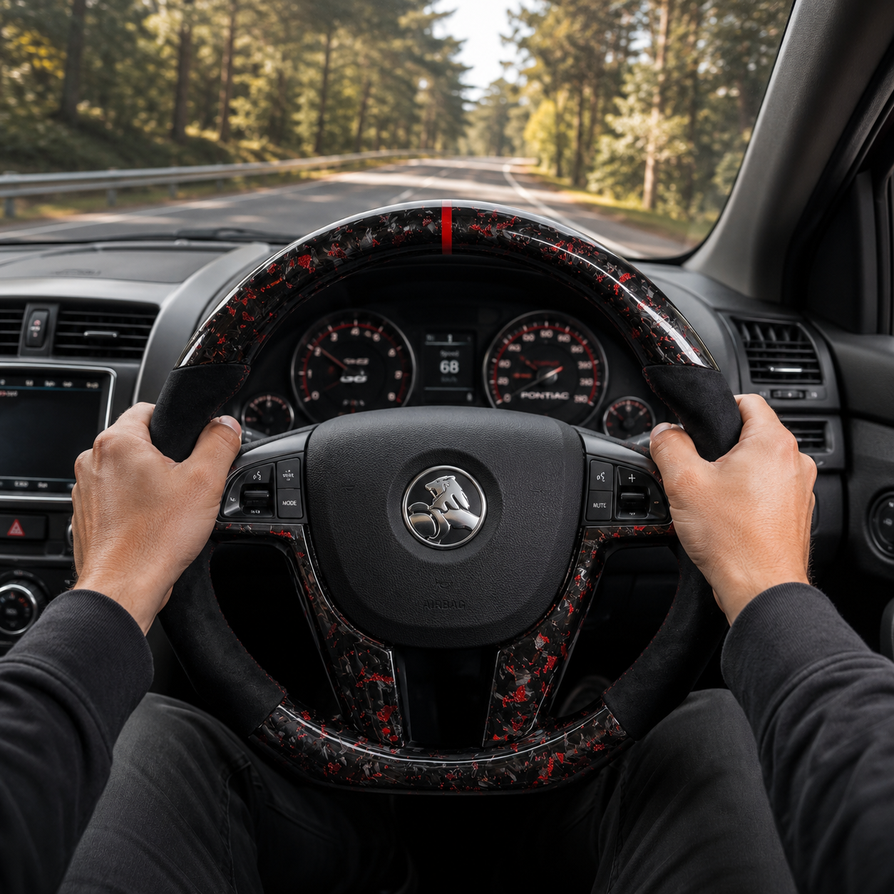 FOR Holden VE/Pontiac G8 Steering Wheel - Red Forged Carbon Fiber & Black Alcantara - CJ Mod Garage &Driving Scene Images