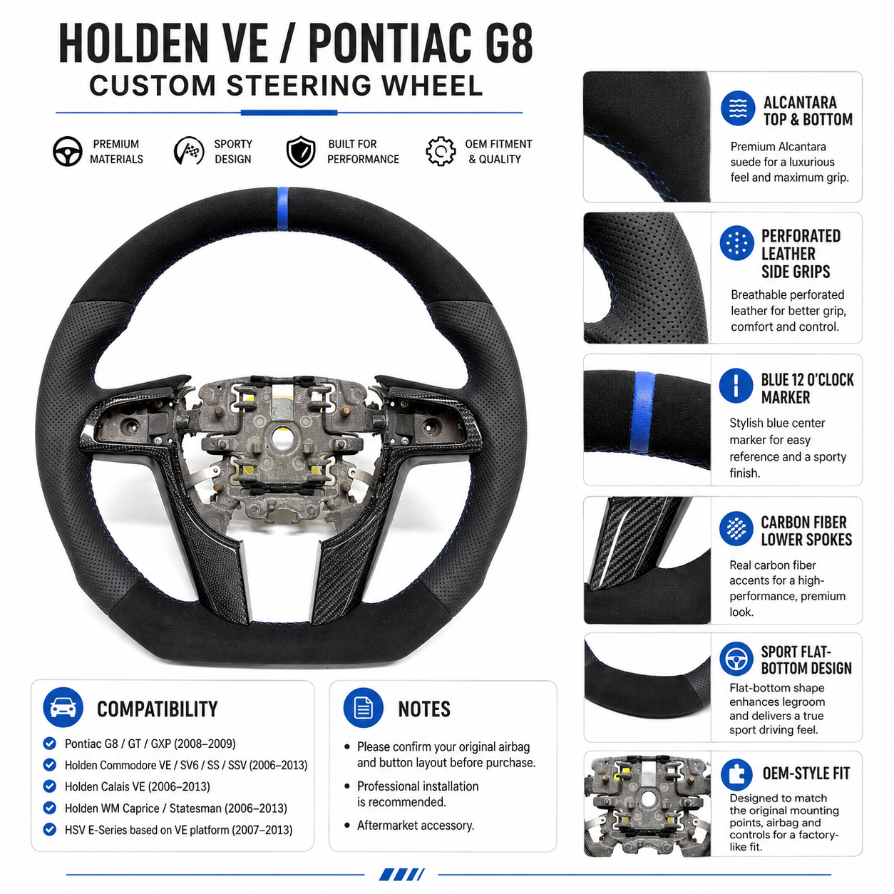 FOR Holden Commodore VE/Pontiac G8 steering wheel - Black Alcantara & Blue stripe at 12 o'clock - CJ Mod Garage & Product Details Image
