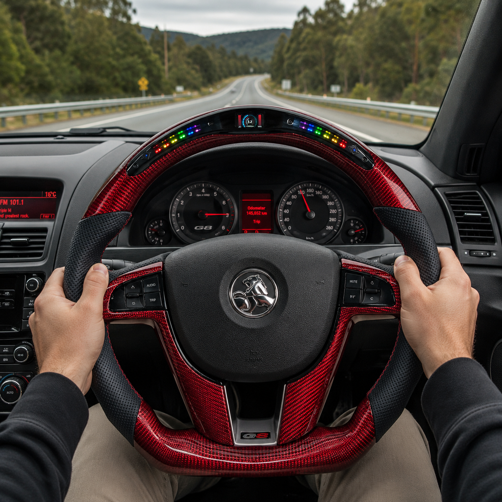 FOR Holden VE/Pontiac G8 Steering Wheel - Red Carbon Fiber & Black Perforated Leather & LED - CJ Mod Garage & Driving Scene Images