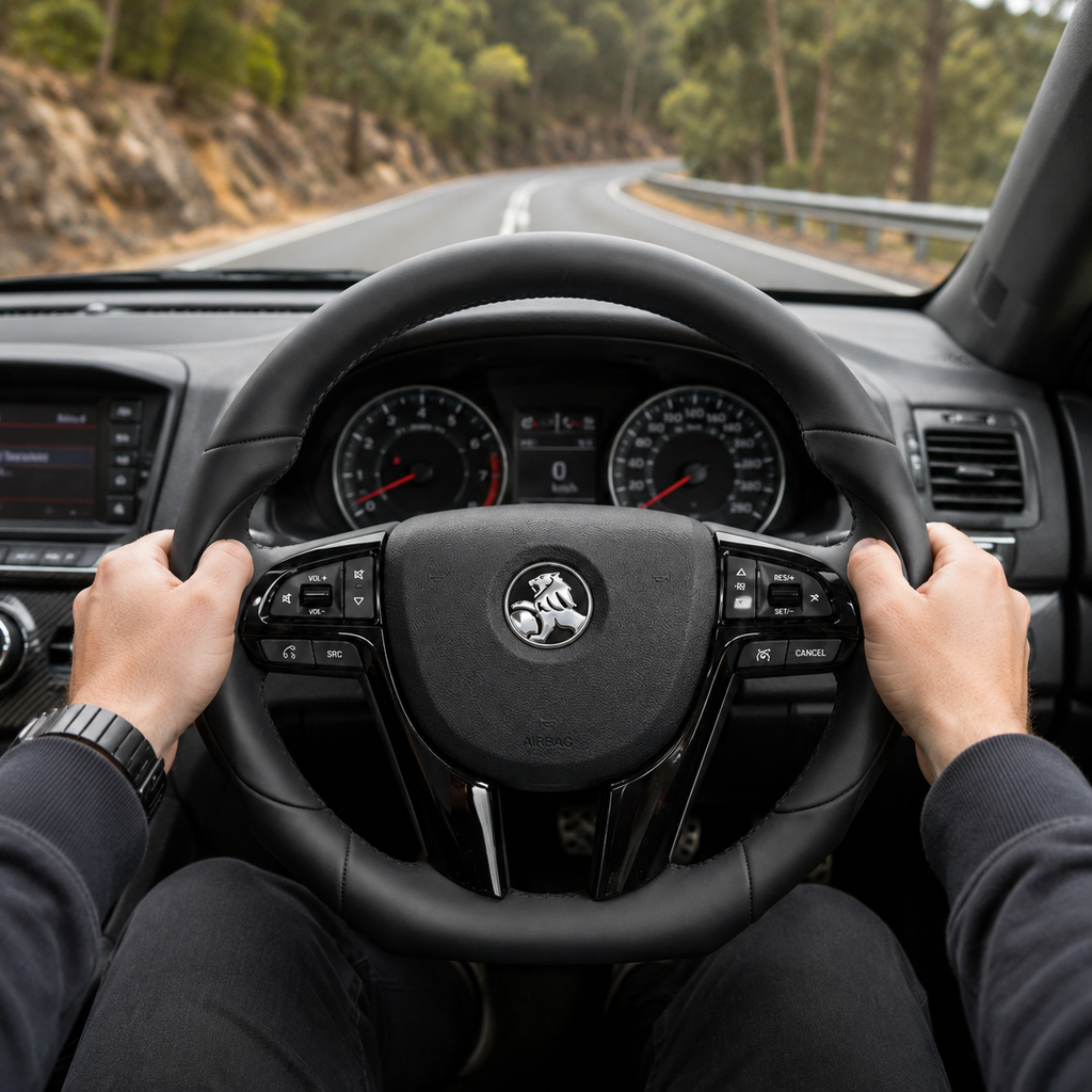 FOR Holden Commodore VE/Pontiac G8 Steering Wheel - Black Smooth Leather - CJ Mod Garage & Driving Scene Images