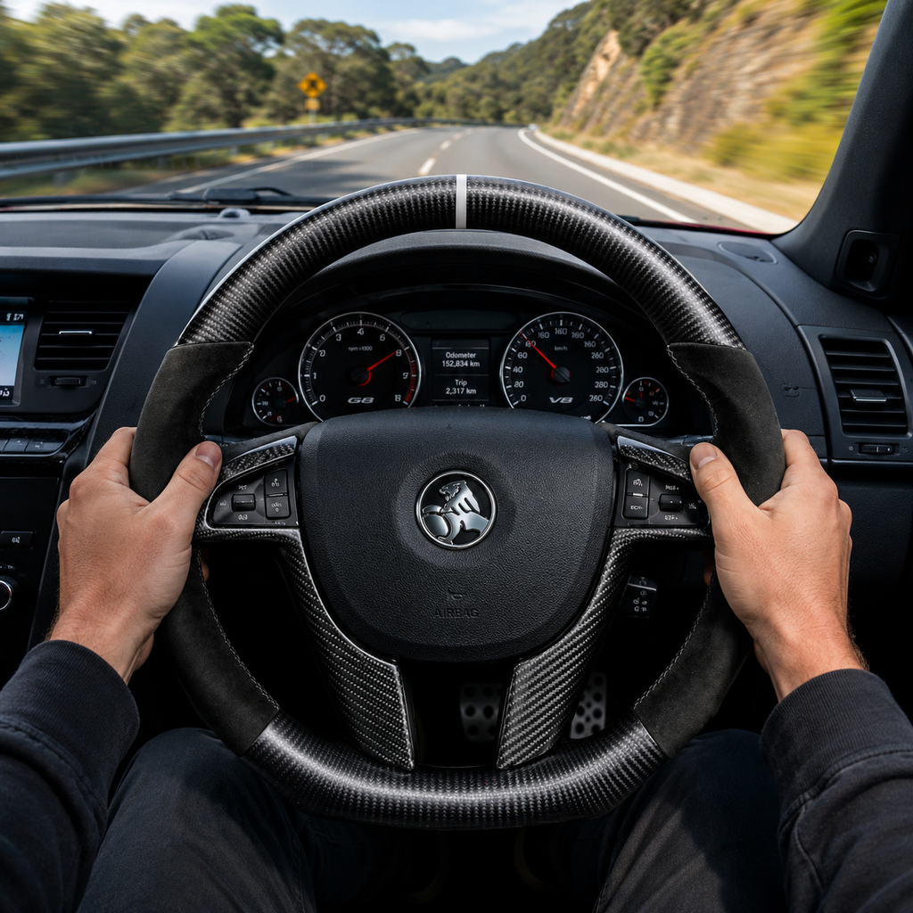 FOR Holden VE/Pontiac G8 Steering Wheel - Matte Black Carbon Fiber & Black Alcantara - CJ Mod Garage & Driving Scene Images