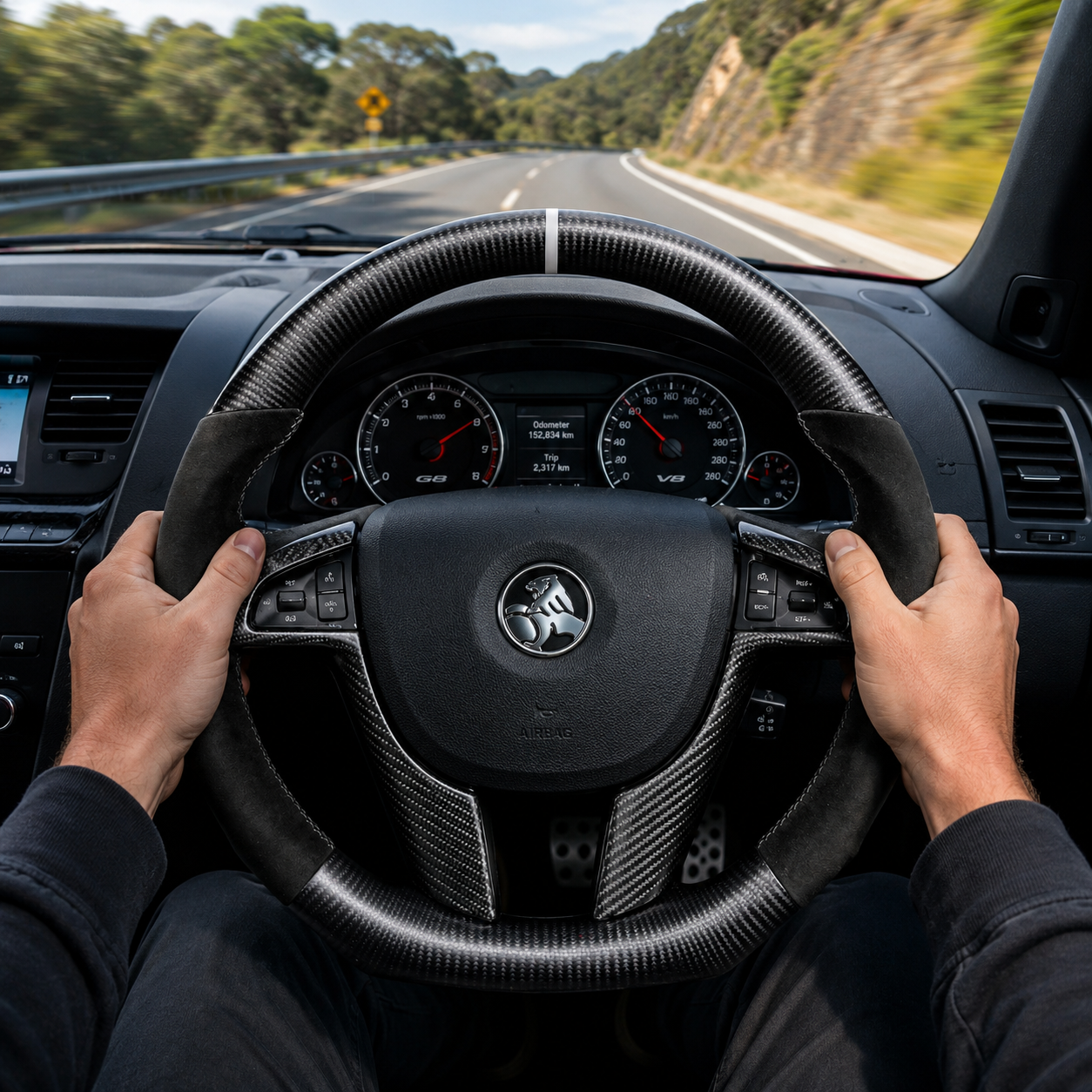 FOR Holden VE/Pontiac G8 Steering Wheel - Matte Black Carbon Fiber & Black Alcantara - CJ Mod Garage & Driving Scene Images